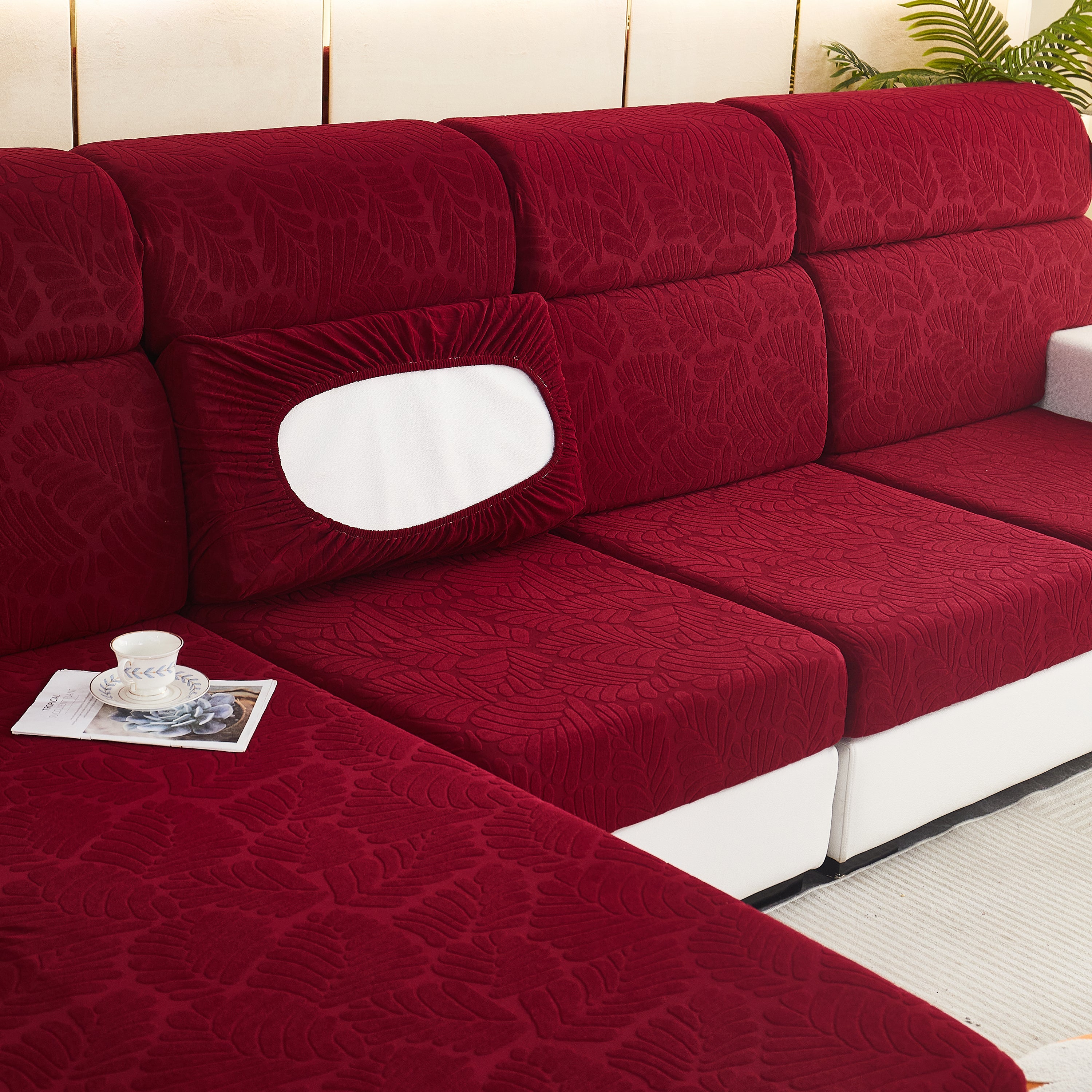 Leaf Pattern Jacquard Fabric Stretchable Cushion Cover, Non-slip Furniture Protector For Kids, L Shaped Couch Covers
