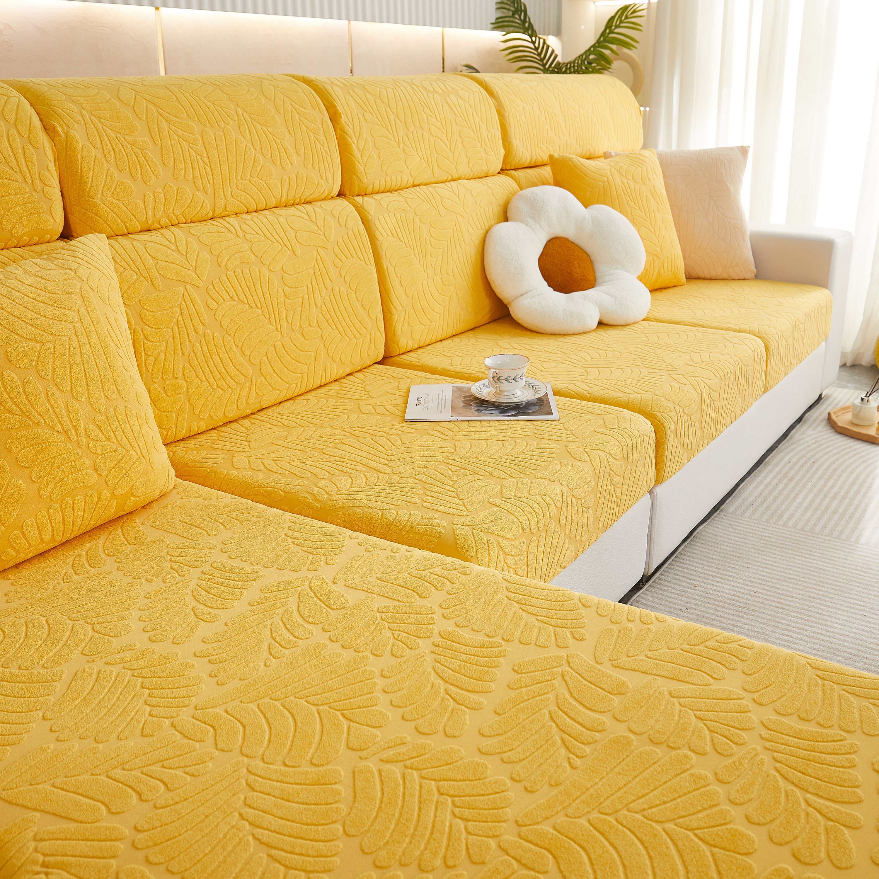Leaf Pattern Jacquard Fabric Stretchable Cushion Cover, Non-slip Furniture Protector For Kids, L Shaped Couch Covers
