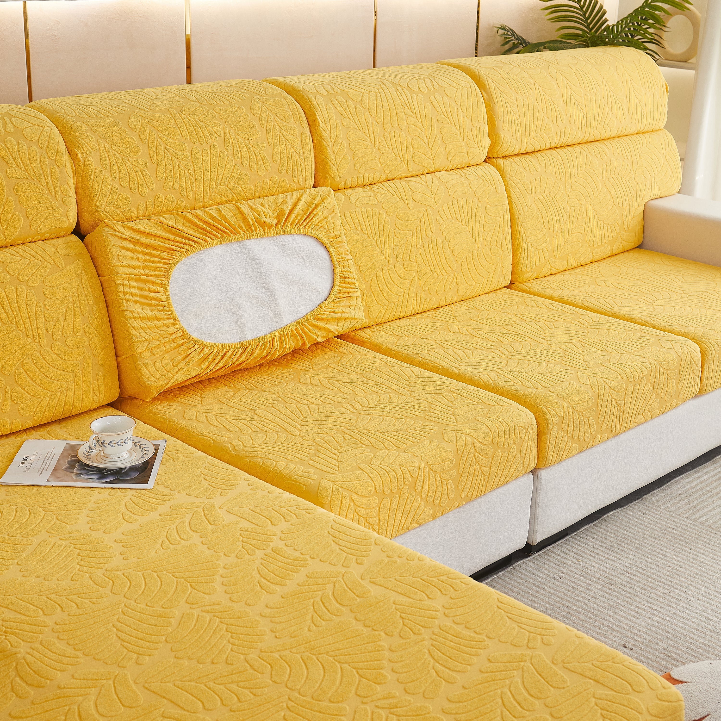Leaf Pattern Jacquard Fabric Stretchable Cushion Cover, Non-slip Furniture Protector For Kids, L Shaped Couch Covers