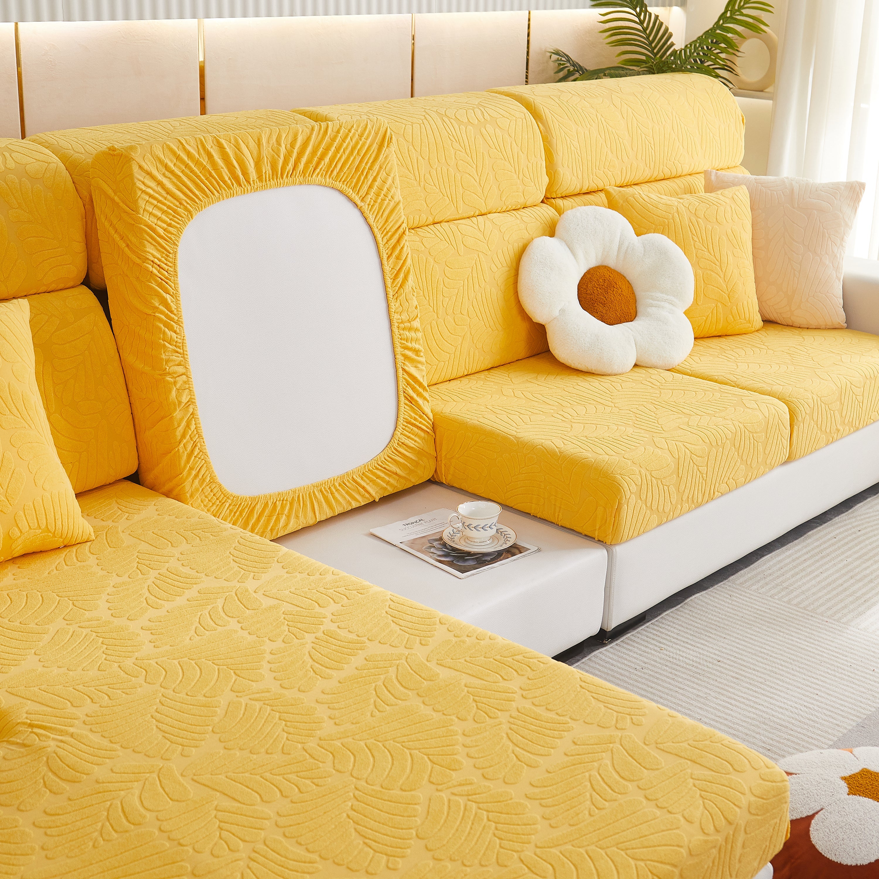Leaf Pattern Jacquard Fabric Stretchable Cushion Cover, Non-slip Furniture Protector For Kids, L Shaped Couch Covers