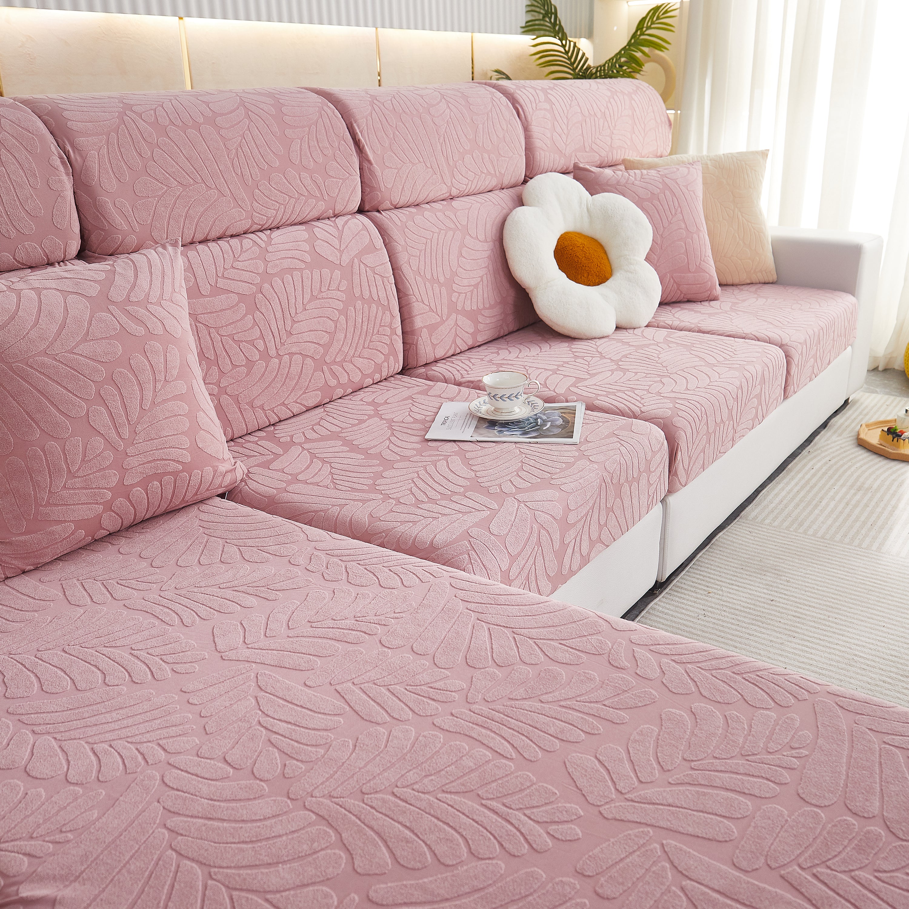 Leaf Pattern Jacquard Fabric Stretchable Cushion Cover, Non-slip Furniture Protector For Kids, L Shaped Couch Covers