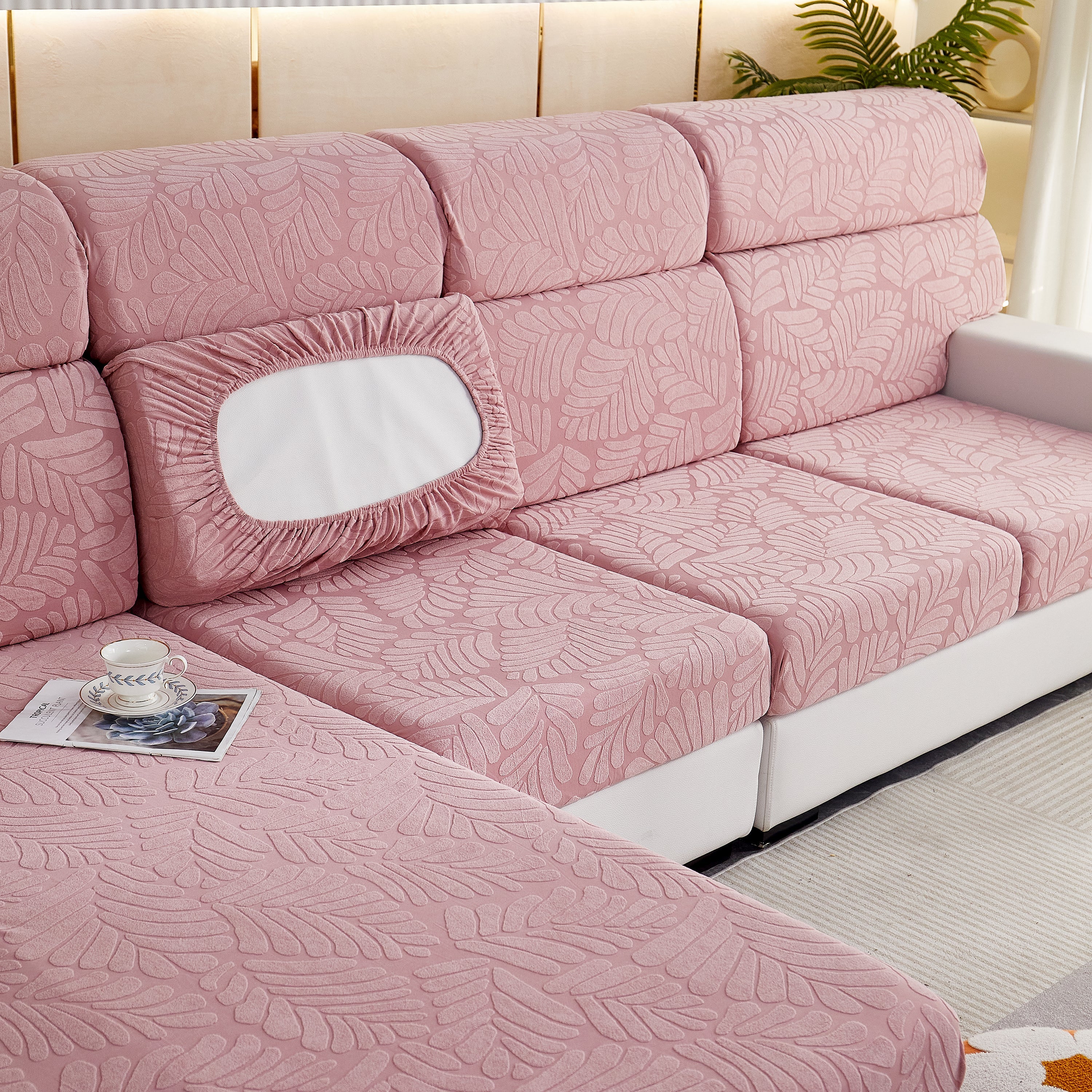 Leaf Pattern Jacquard Fabric Stretchable Cushion Cover, Non-slip Furniture Protector For Kids, L Shaped Couch Covers