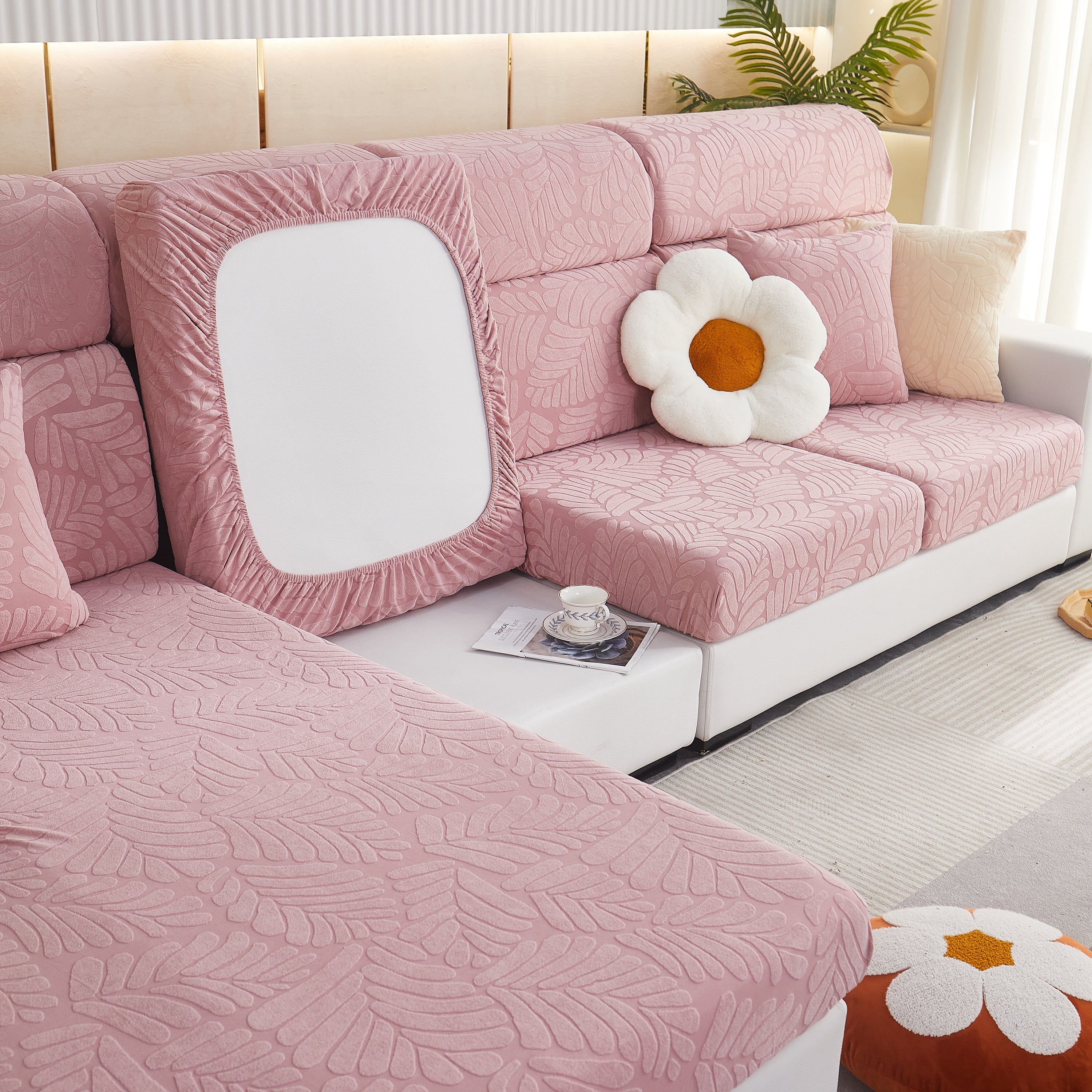 Leaf Pattern Jacquard Fabric Stretchable Cushion Cover, Non-slip Furniture Protector For Kids, L Shaped Couch Covers