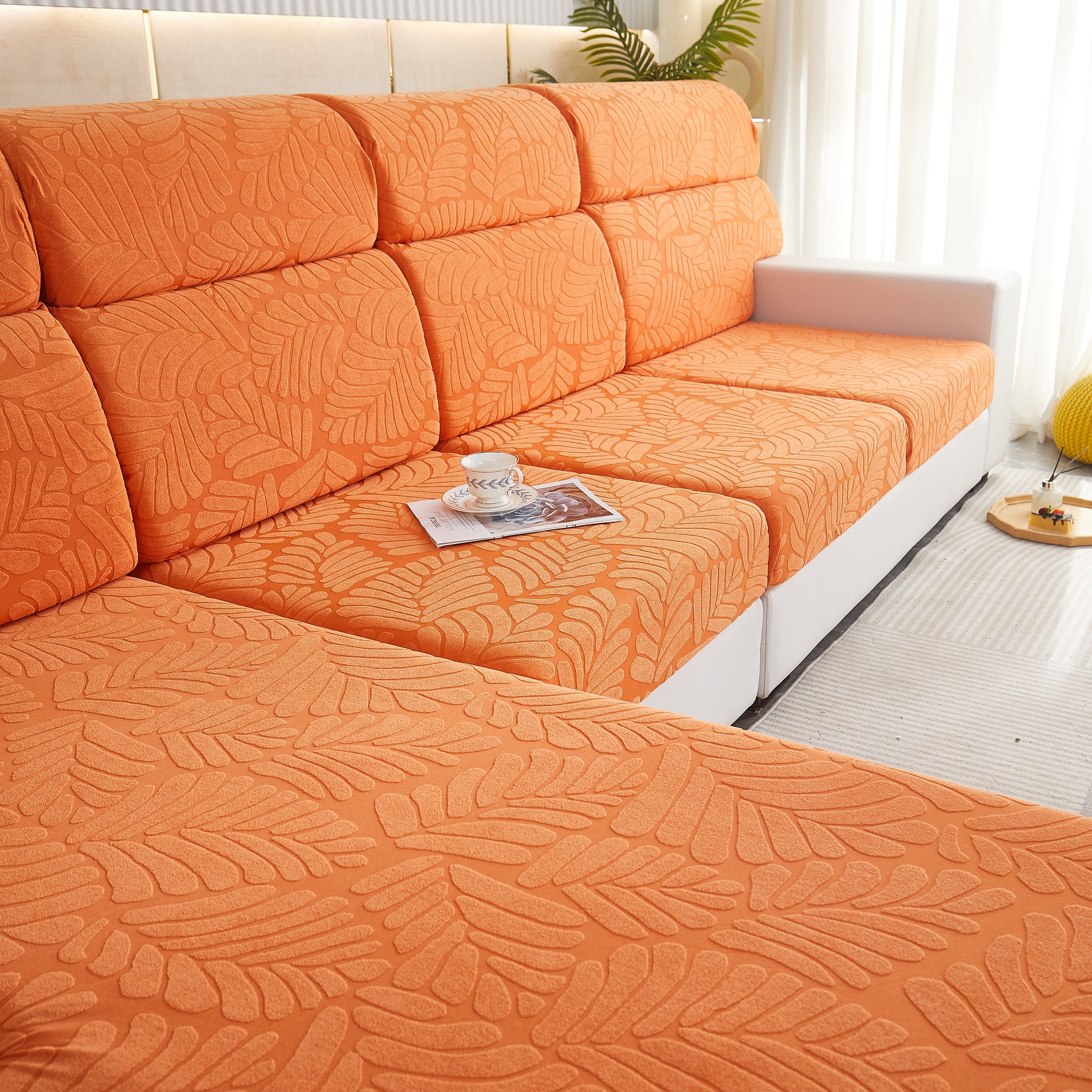 Leaf Pattern Jacquard Fabric Stretchable Cushion Cover, Non-slip Furniture Protector For Kids, L Shaped Couch Covers