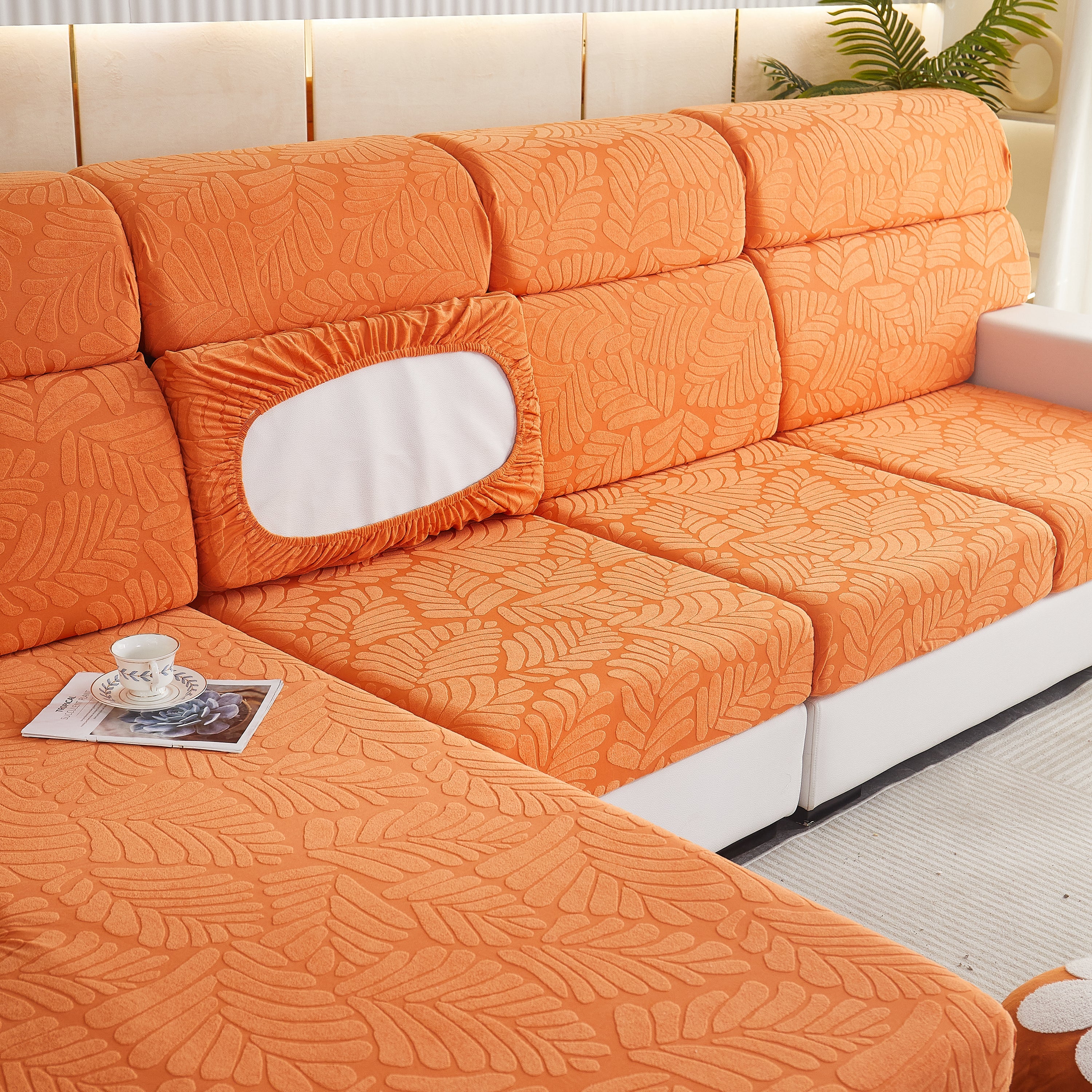 Leaf Pattern Jacquard Fabric Stretchable Cushion Cover, Non-slip Furniture Protector For Kids, L Shaped Couch Covers