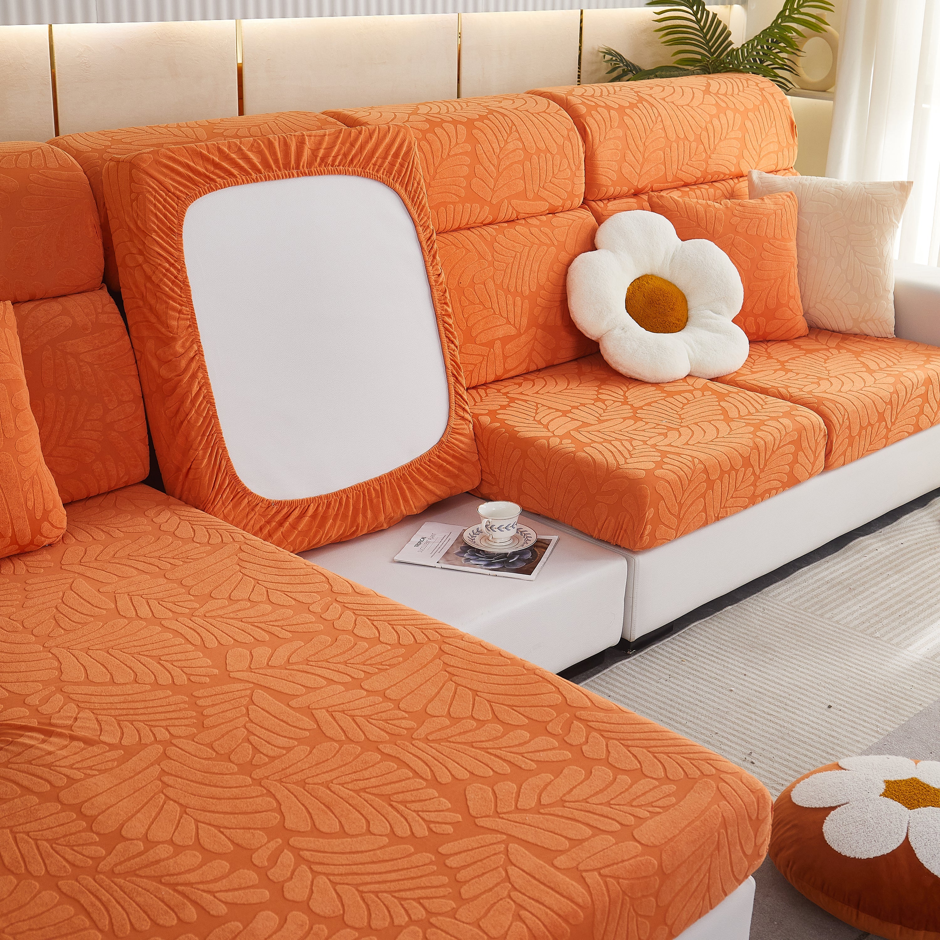 Leaf Pattern Jacquard Fabric Stretchable Cushion Cover, Non-slip Furniture Protector For Kids, L Shaped Couch Covers