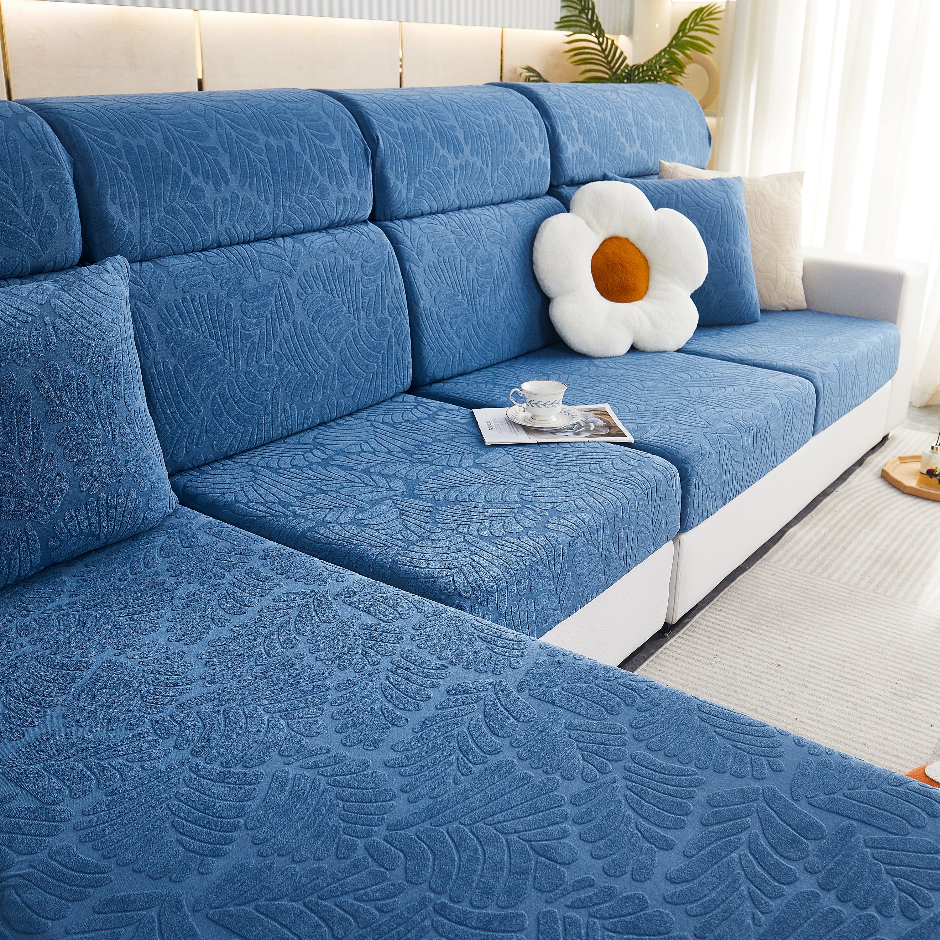Leaf Pattern Jacquard Fabric Stretchable Cushion Cover, Non-slip Furniture Protector For Kids, L Shaped Couch Covers