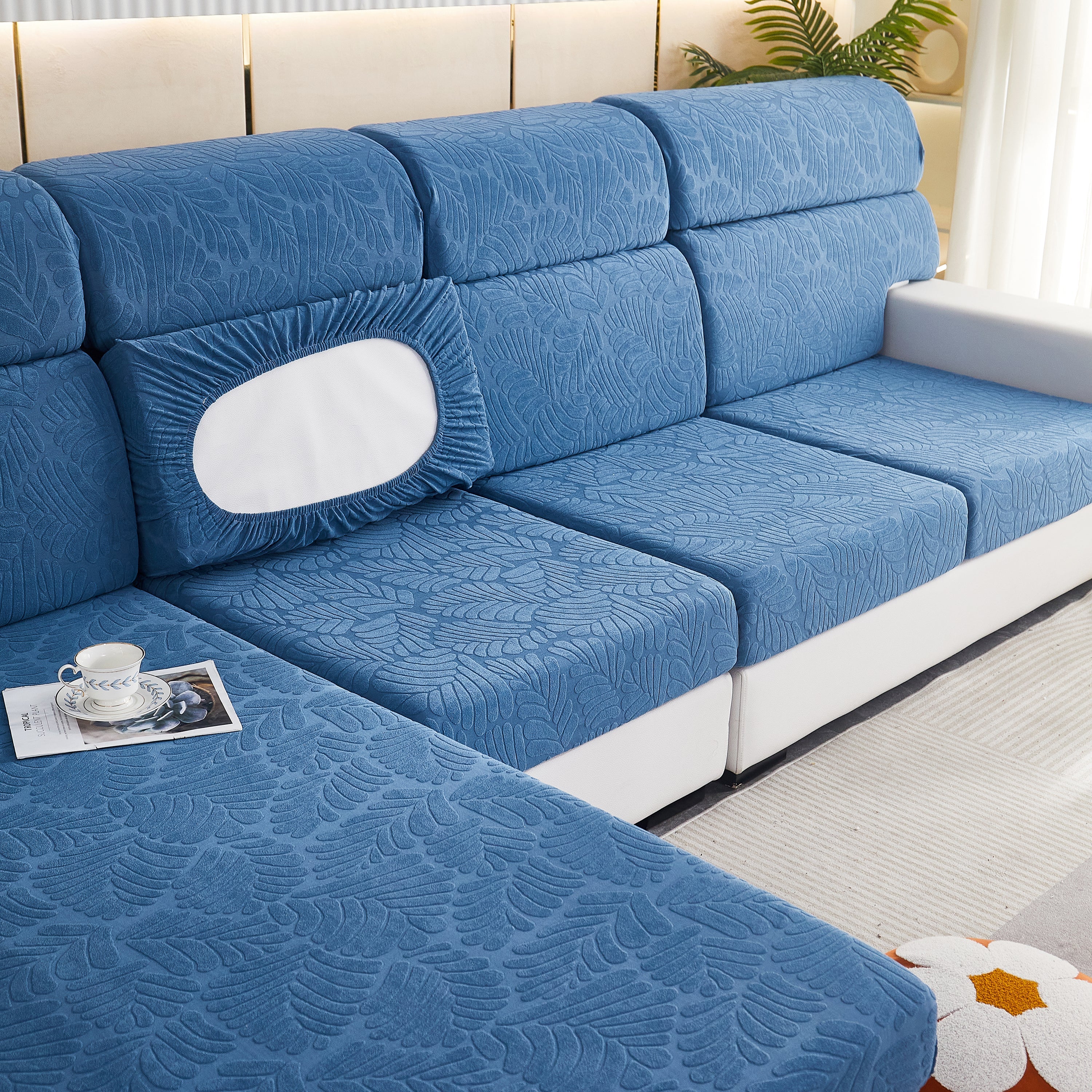 Leaf Pattern Jacquard Fabric Stretchable Cushion Cover, Non-slip Furniture Protector For Kids, L Shaped Couch Covers