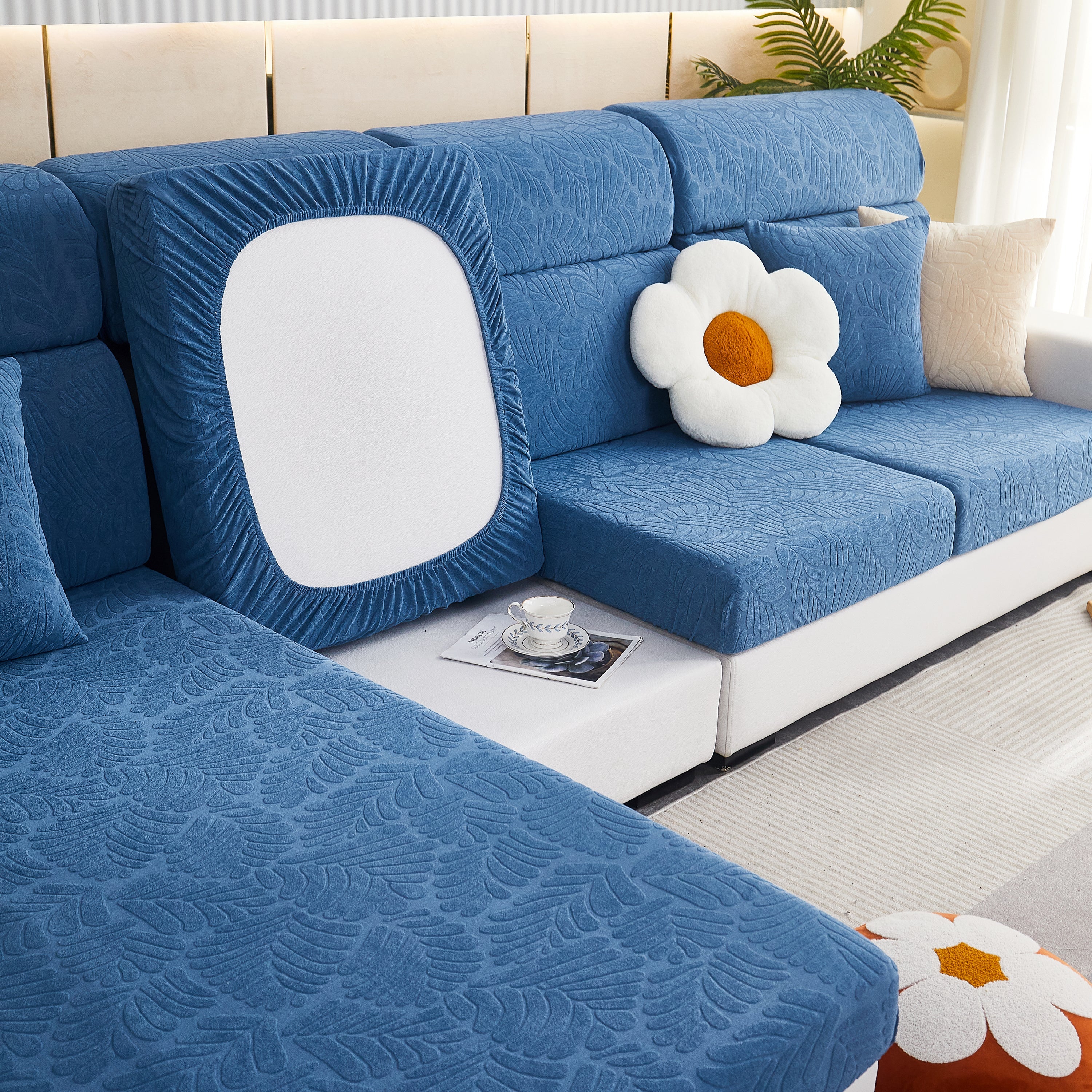 Leaf Pattern Jacquard Fabric Stretchable Cushion Cover, Non-slip Furniture Protector For Kids, L Shaped Couch Covers