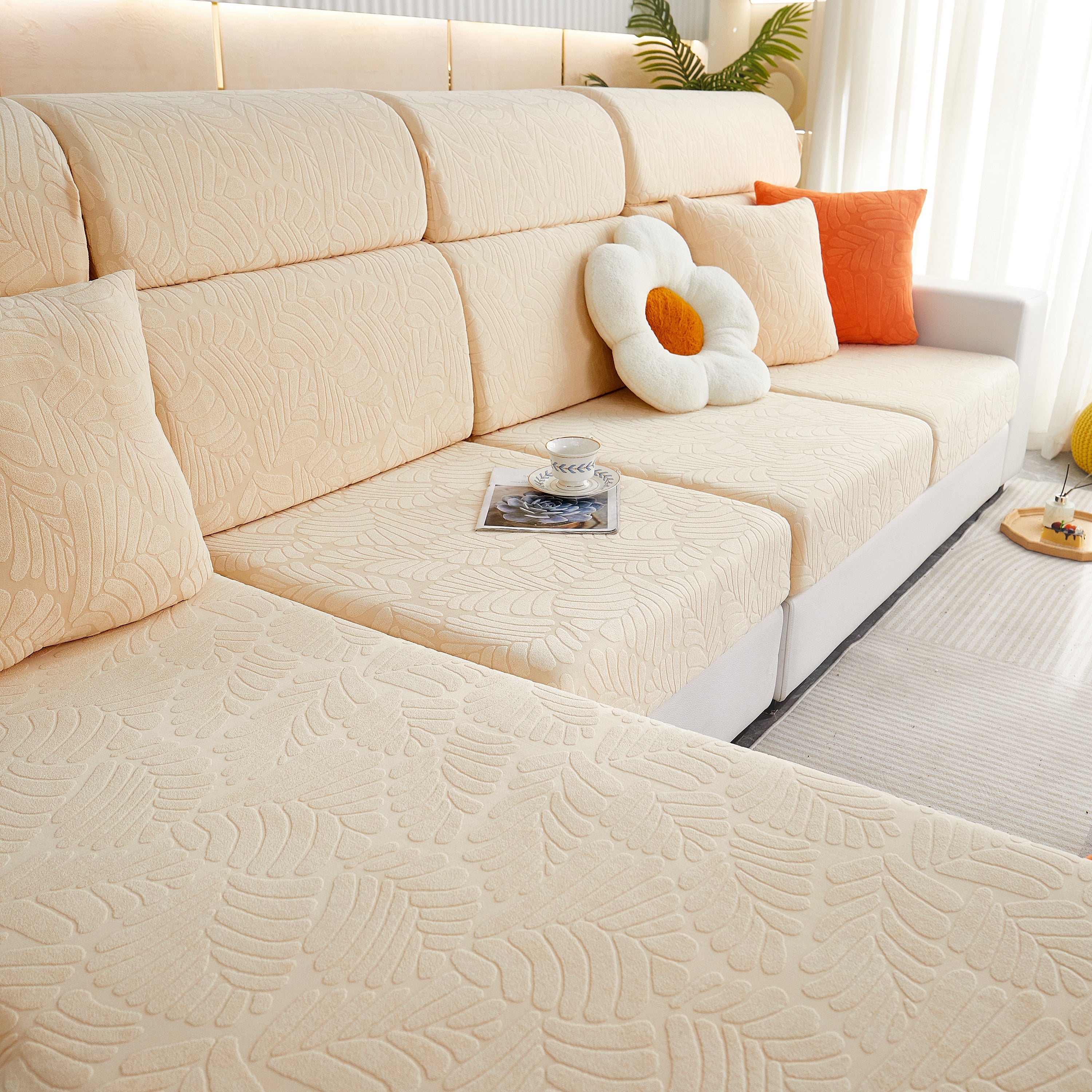 Leaf Pattern Jacquard Fabric Stretchable Cushion Cover, Non-slip Furniture Protector For Kids, L Shaped Couch Covers