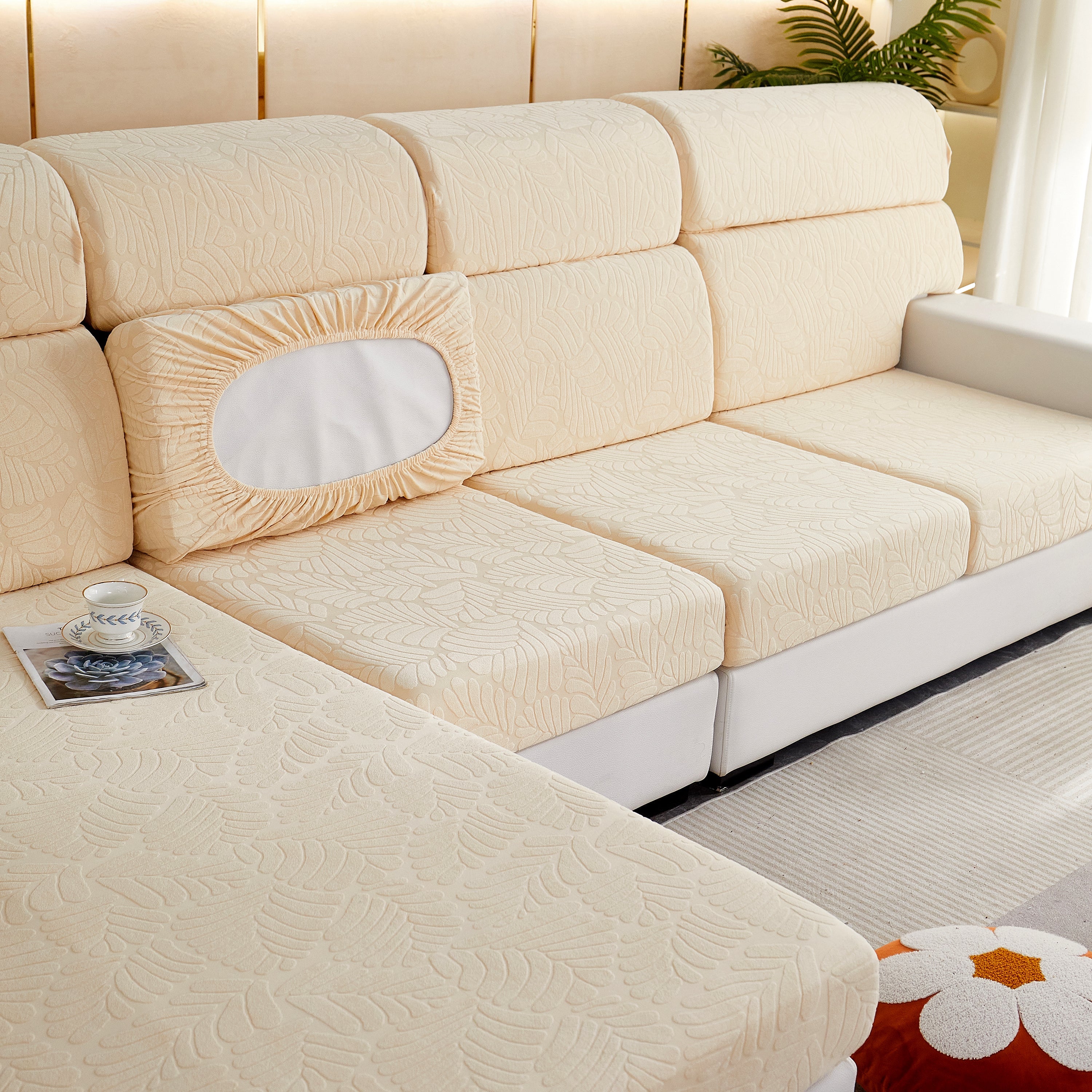 Leaf Pattern Jacquard Fabric Stretchable Cushion Cover, Non-slip Furniture Protector For Kids, L Shaped Couch Covers