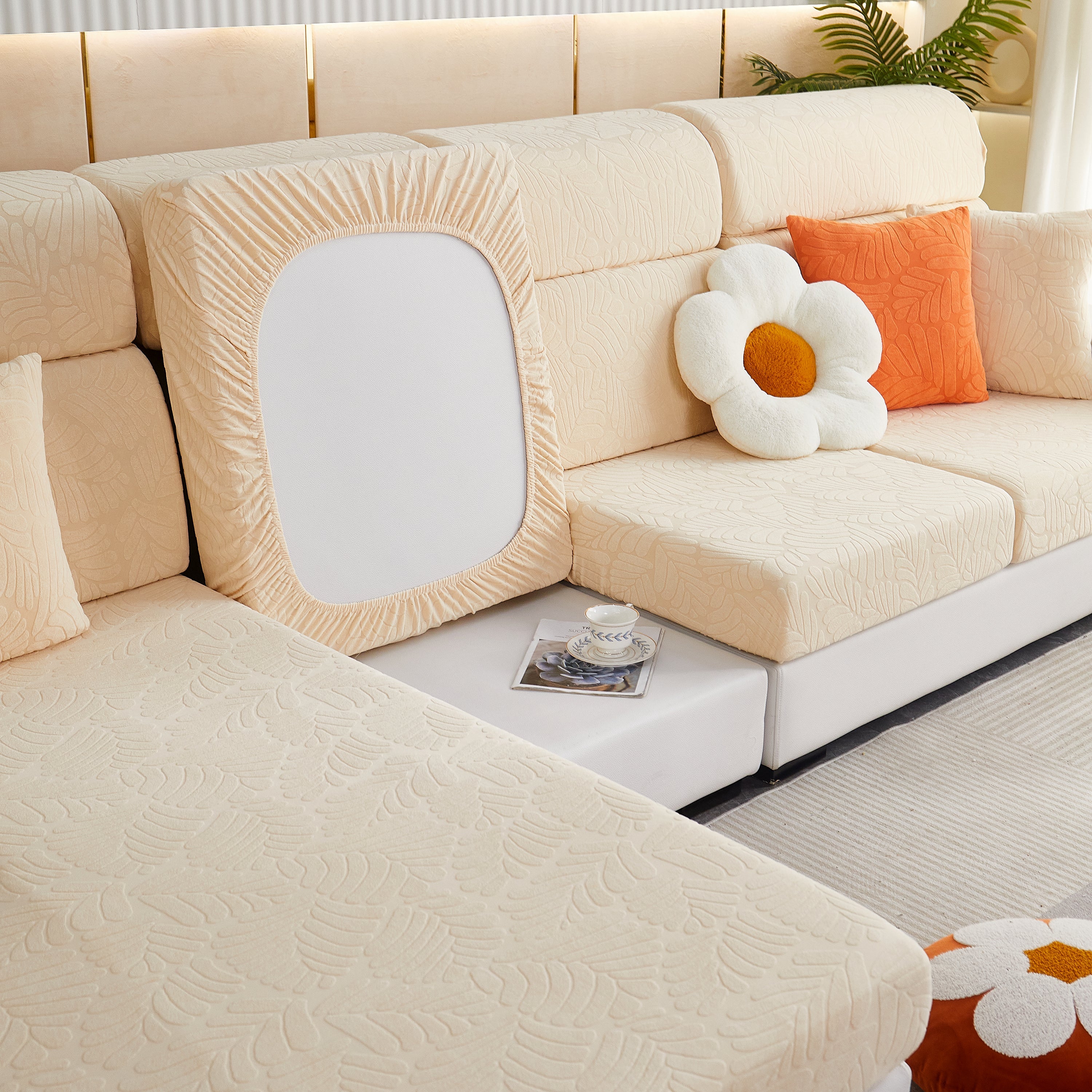 Leaf Pattern Jacquard Fabric Stretchable Cushion Cover, Non-slip Furniture Protector For Kids, L Shaped Couch Covers