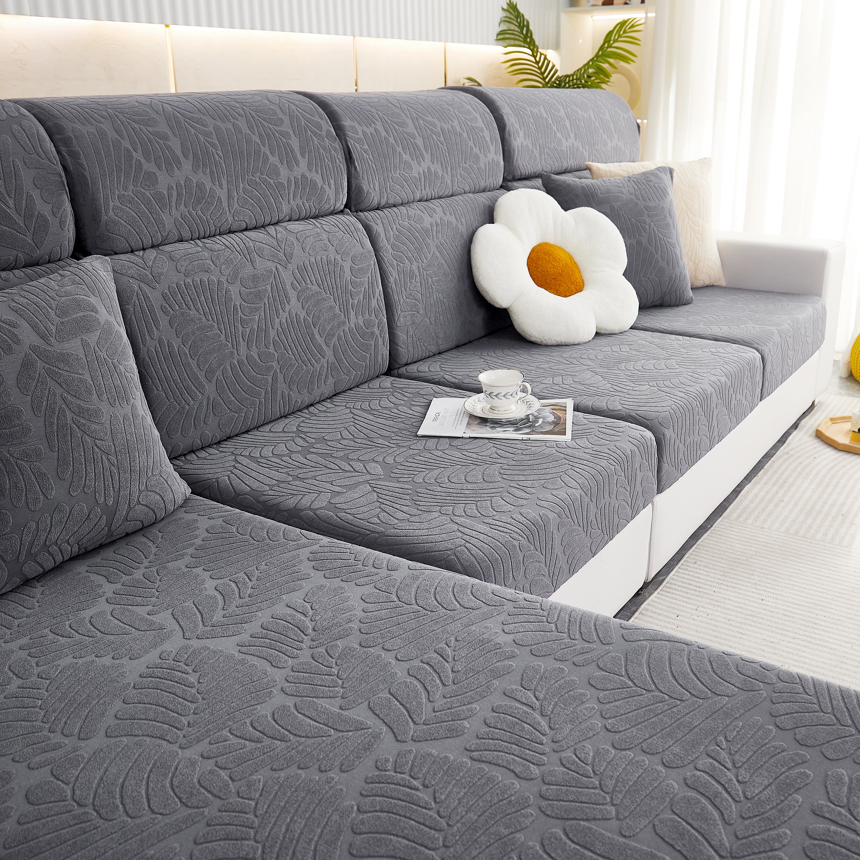 Leaf Pattern Jacquard Fabric Stretchable Cushion Cover, Non-slip Furniture Protector For Kids, L Shaped Couch Covers