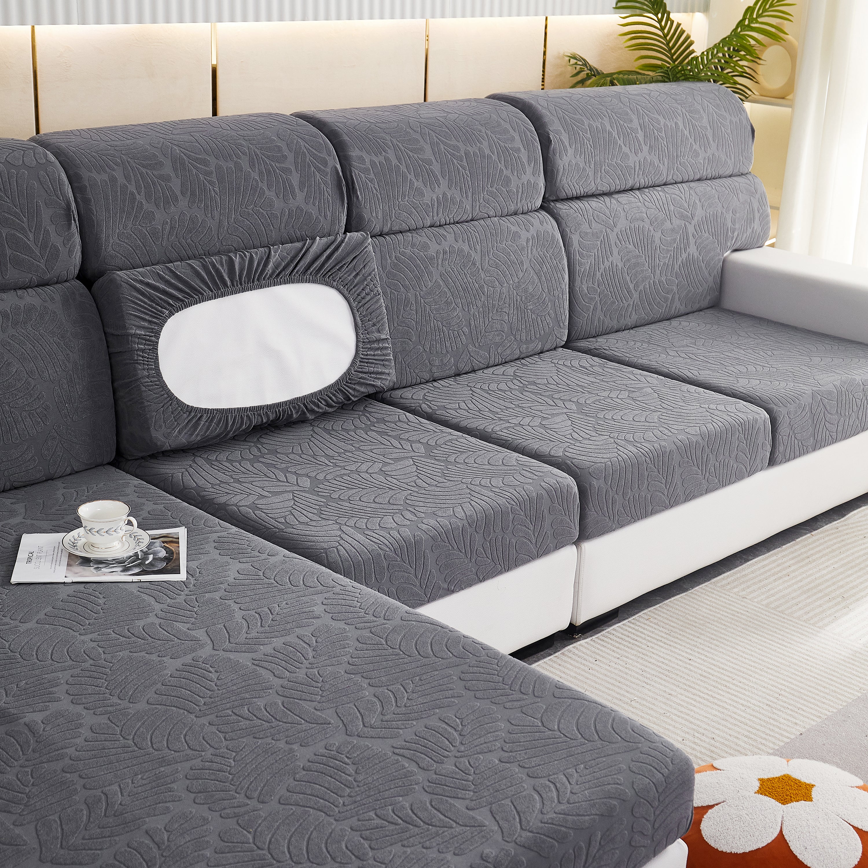 Leaf Pattern Jacquard Fabric Stretchable Cushion Cover, Non-slip Furniture Protector For Kids, L Shaped Couch Covers
