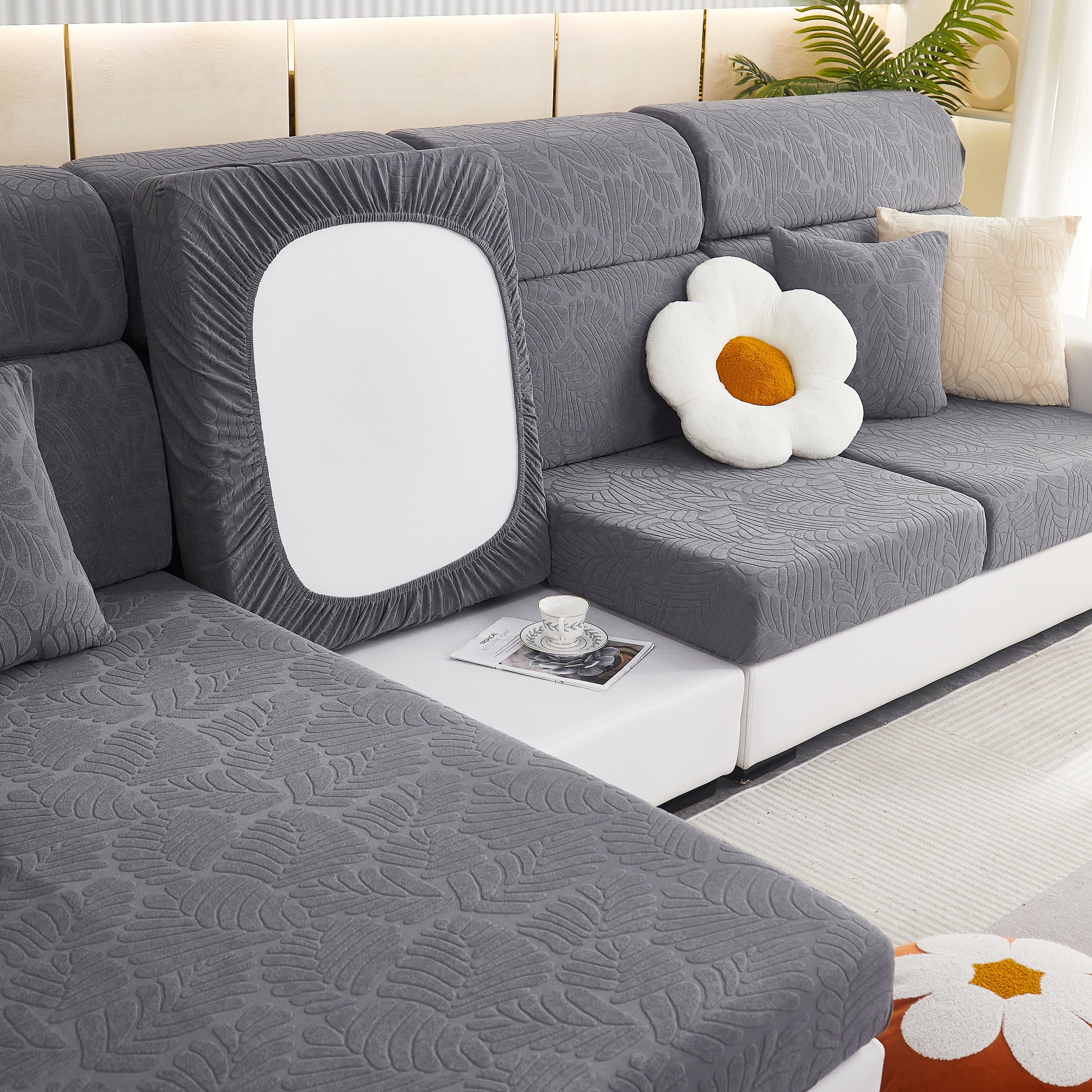 Leaf Pattern Jacquard Fabric Stretchable Cushion Cover, Non-slip Furniture Protector For Kids, L Shaped Couch Covers