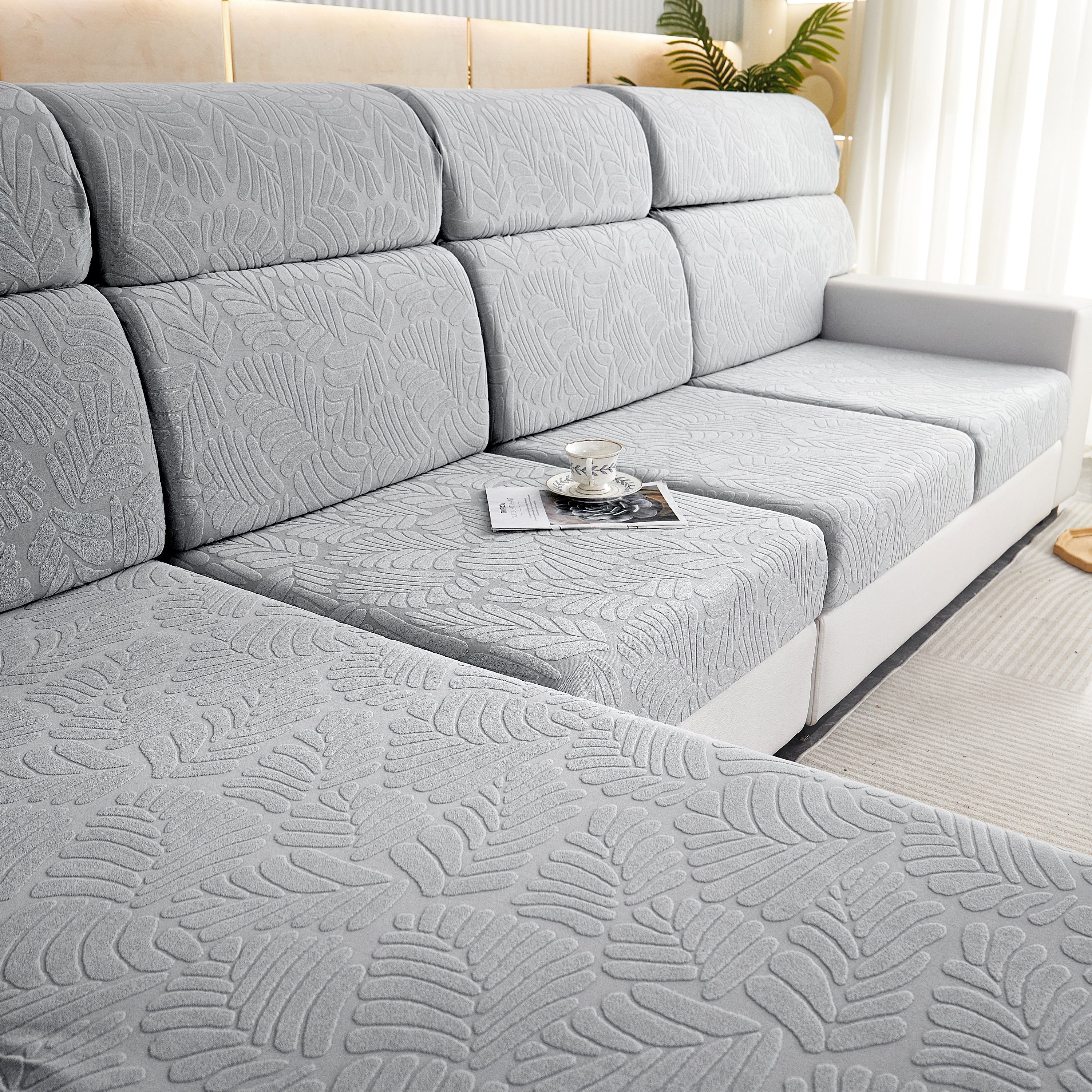 Leaf Pattern Jacquard Fabric Stretchable Cushion Cover, Non-slip Furniture Protector For Kids, L Shaped Couch Covers