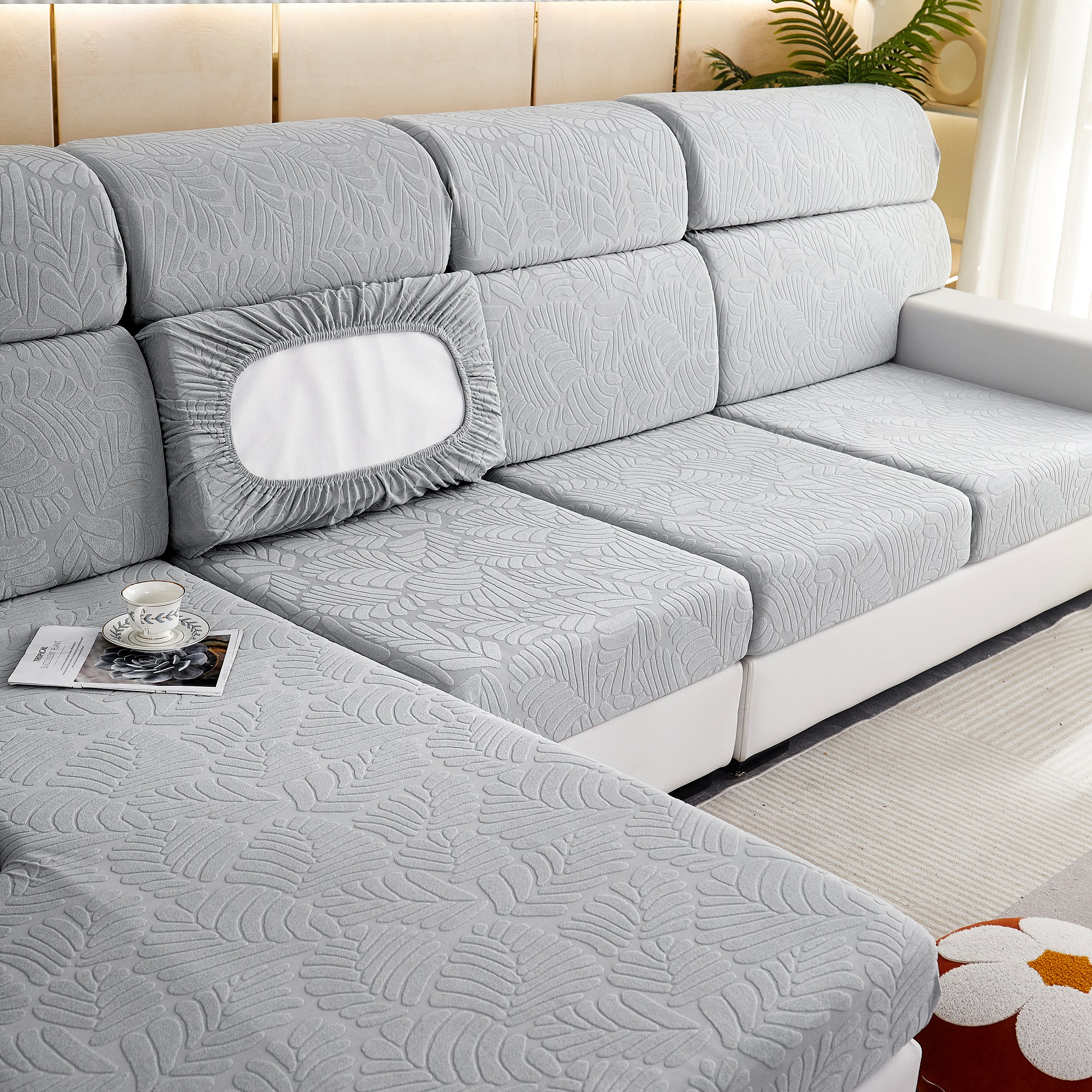 Leaf Pattern Jacquard Fabric Stretchable Cushion Cover, Non-slip Furniture Protector For Kids, L Shaped Couch Covers