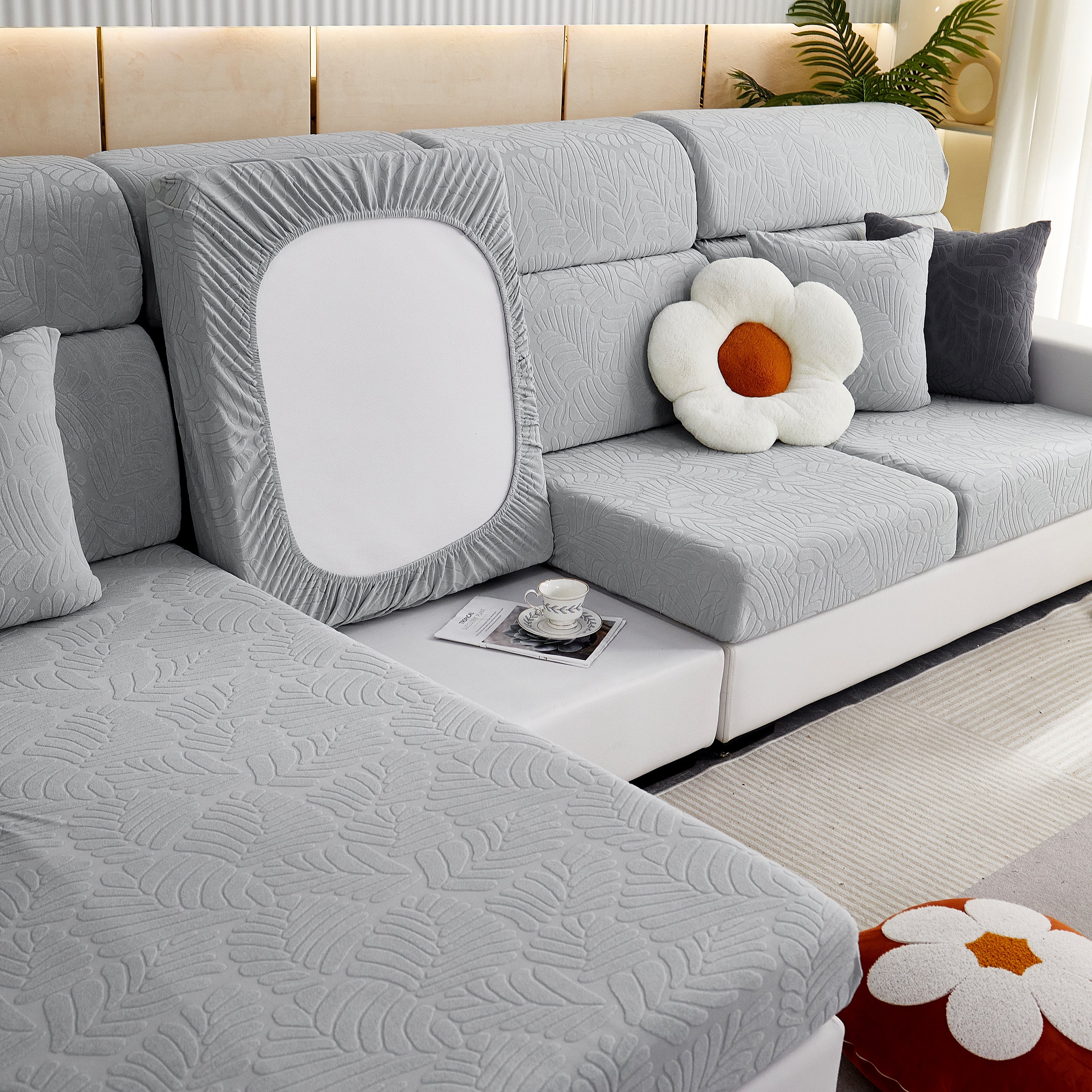 Leaf Pattern Jacquard Fabric Stretchable Cushion Cover, Non-slip Furniture Protector For Kids, L Shaped Couch Covers
