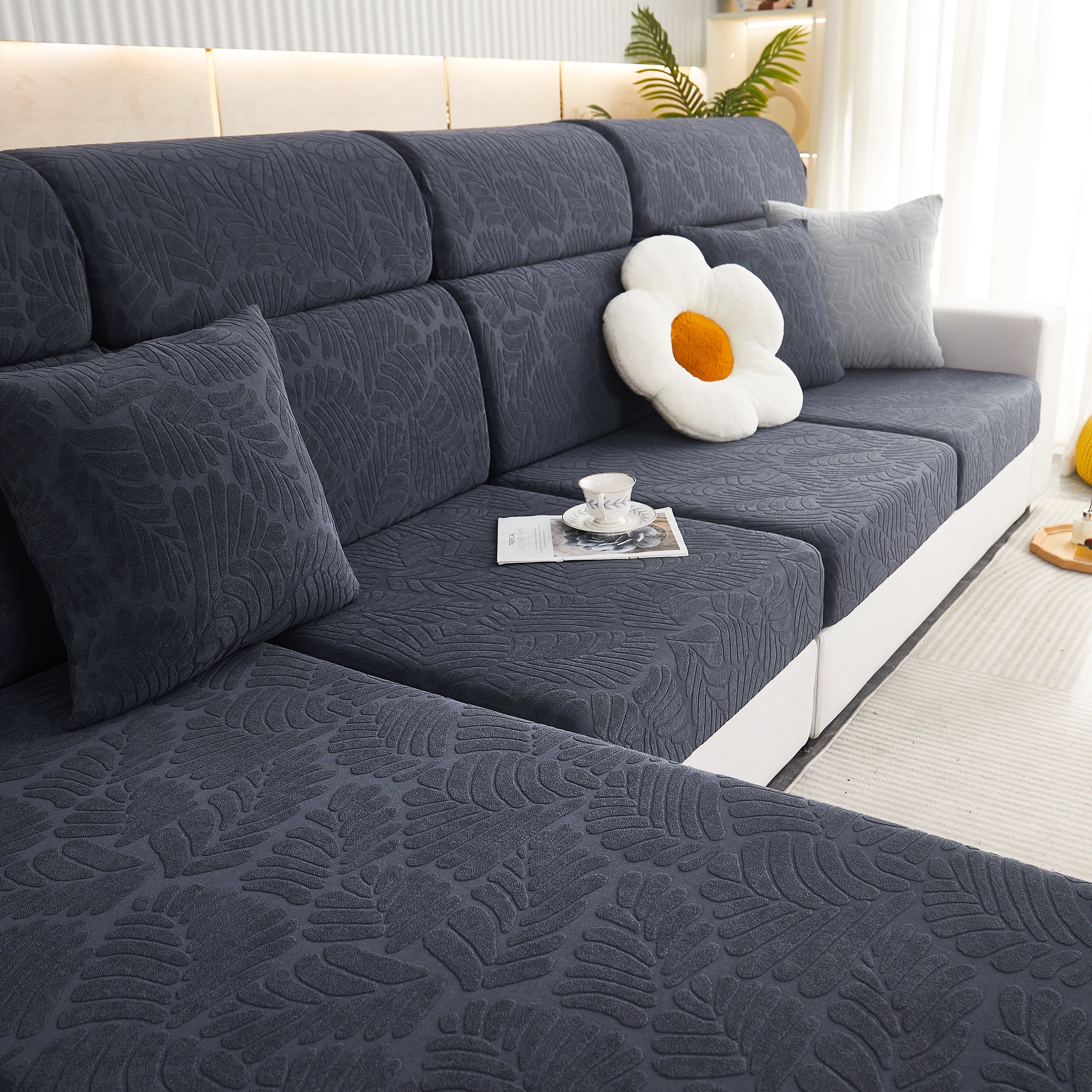 Leaf Pattern Jacquard Fabric Stretchable Cushion Cover, Non-slip Furniture Protector For Kids, L Shaped Couch Covers