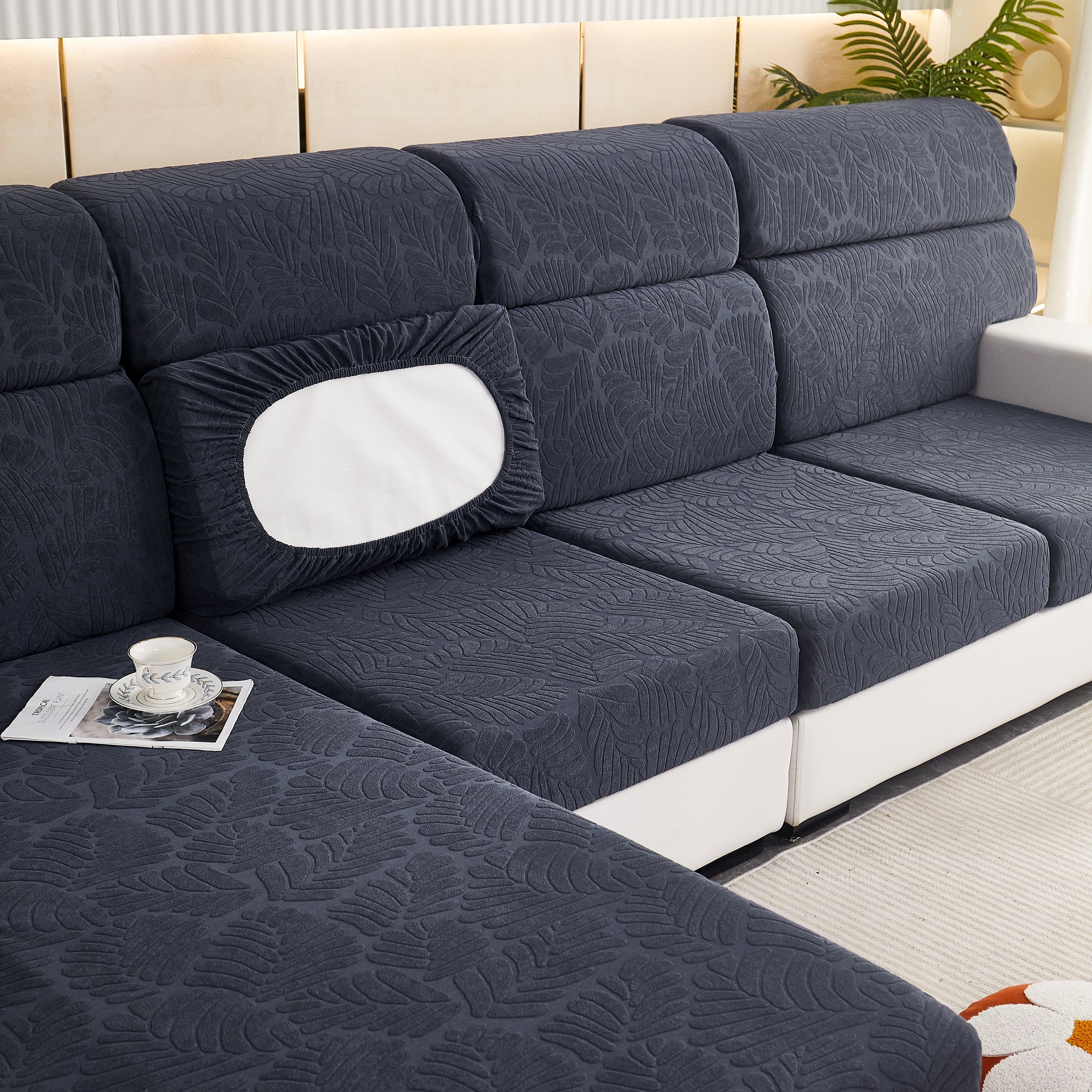 Leaf Pattern Jacquard Fabric Stretchable Cushion Cover, Non-slip Furniture Protector For Kids, L Shaped Couch Covers
