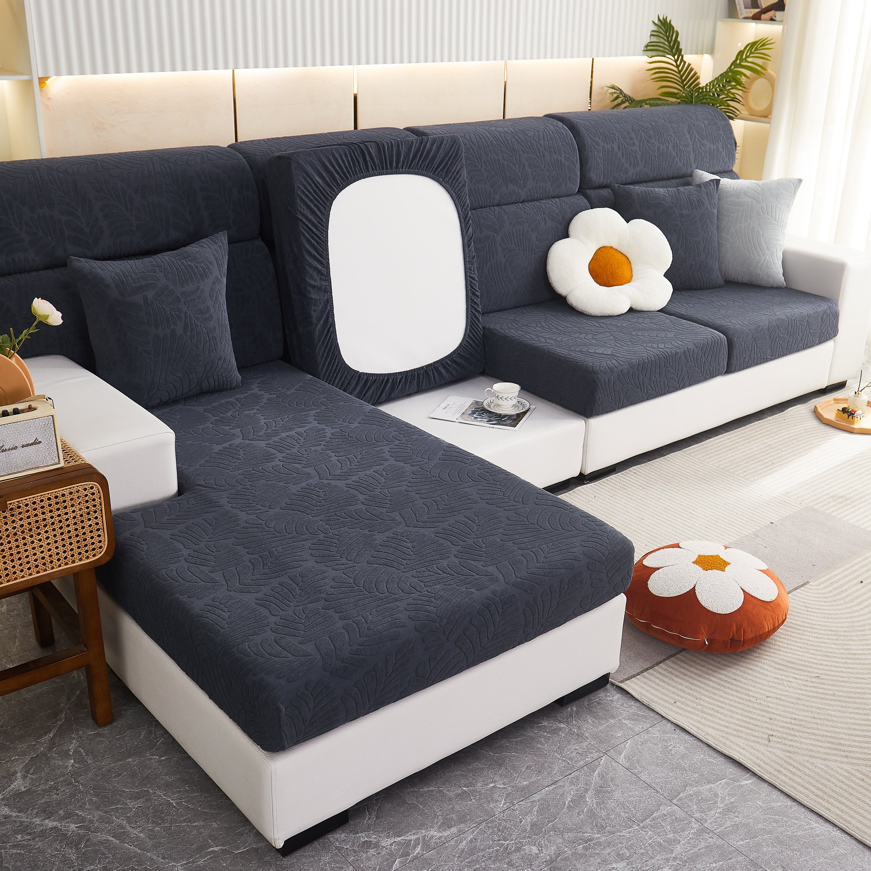 Leaf Pattern Jacquard Fabric Stretchable Cushion Cover, Non-slip Furniture Protector For Kids, L Shaped Couch Covers