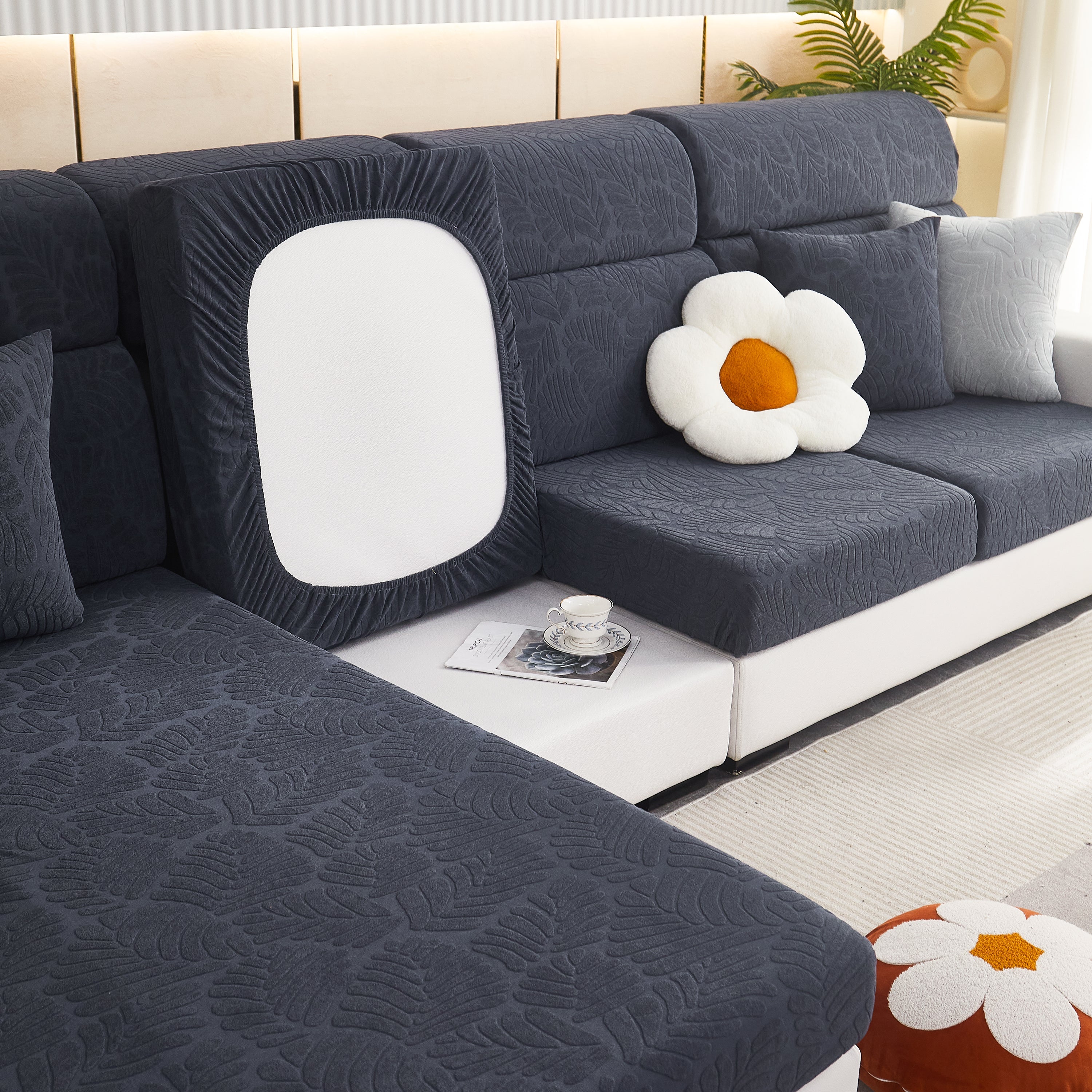 Leaf Pattern Jacquard Fabric Stretchable Cushion Cover, Non-slip Furniture Protector For Kids, L Shaped Couch Covers