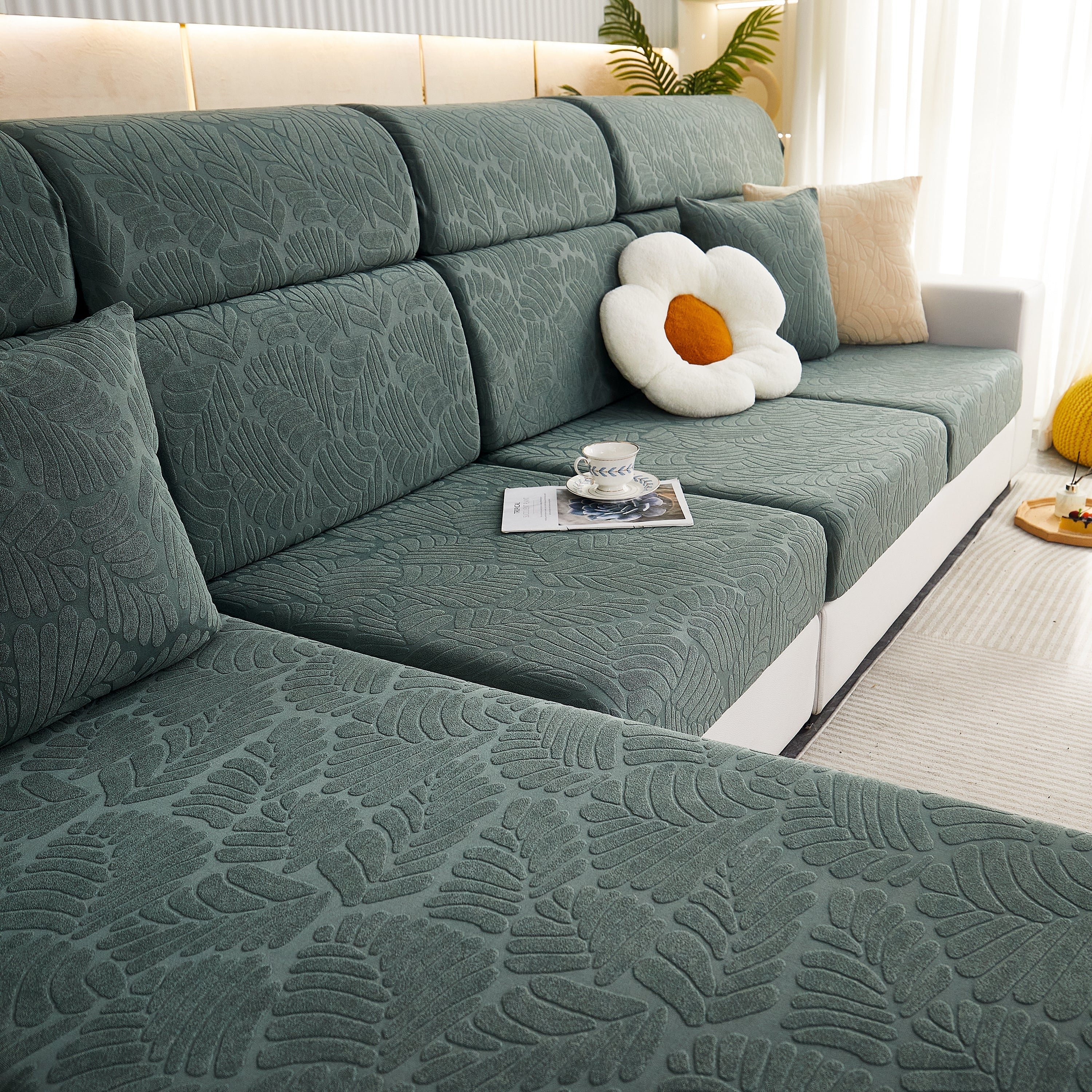 Leaf Pattern Jacquard Fabric Stretchable Cushion Cover, Non-slip Furniture Protector For Kids, L Shaped Couch Covers