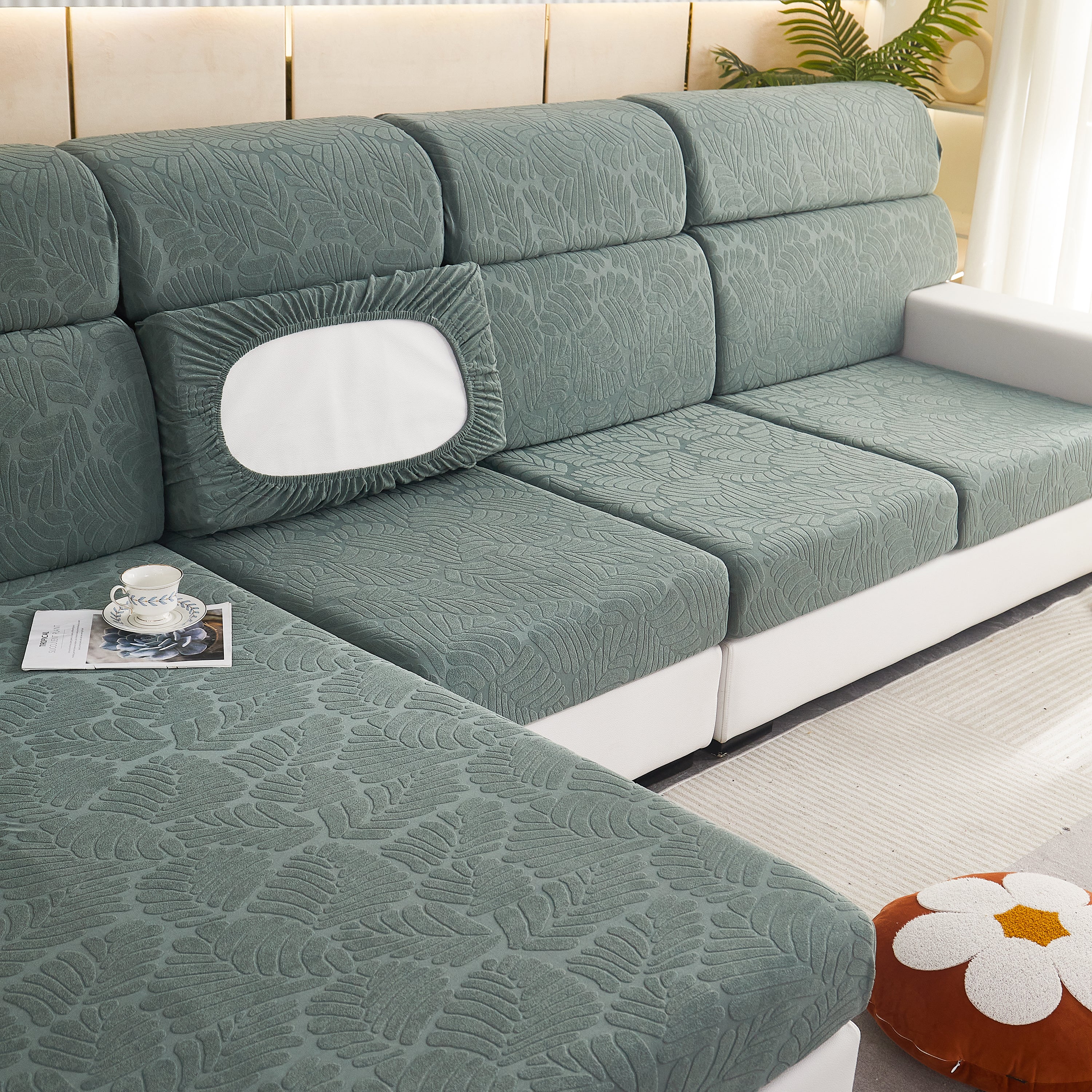 Leaf Pattern Jacquard Fabric Stretchable Cushion Cover, Non-slip Furniture Protector For Kids, L Shaped Couch Covers