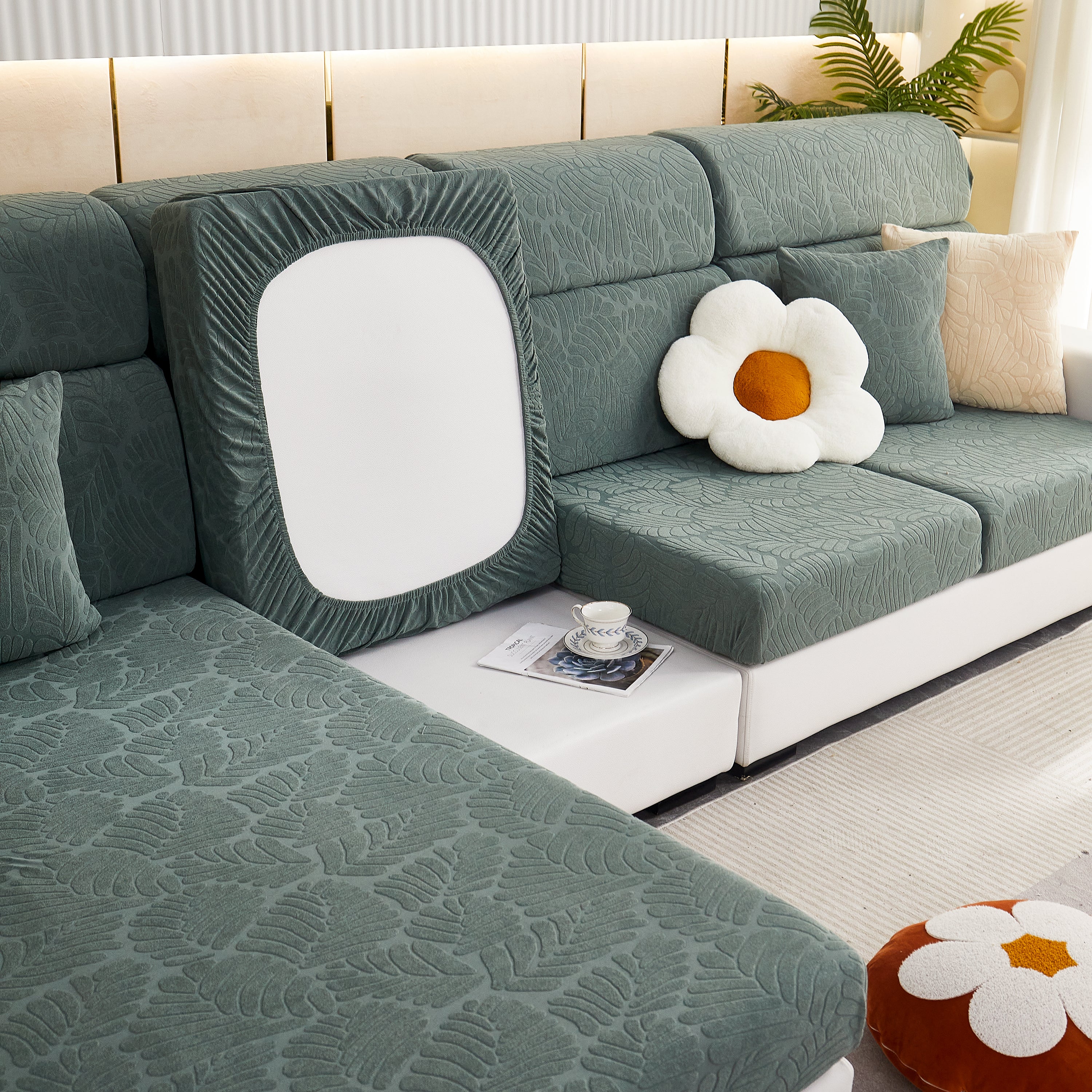Leaf Pattern Jacquard Fabric Stretchable Cushion Cover, Non-slip Furniture Protector For Kids, L Shaped Couch Covers