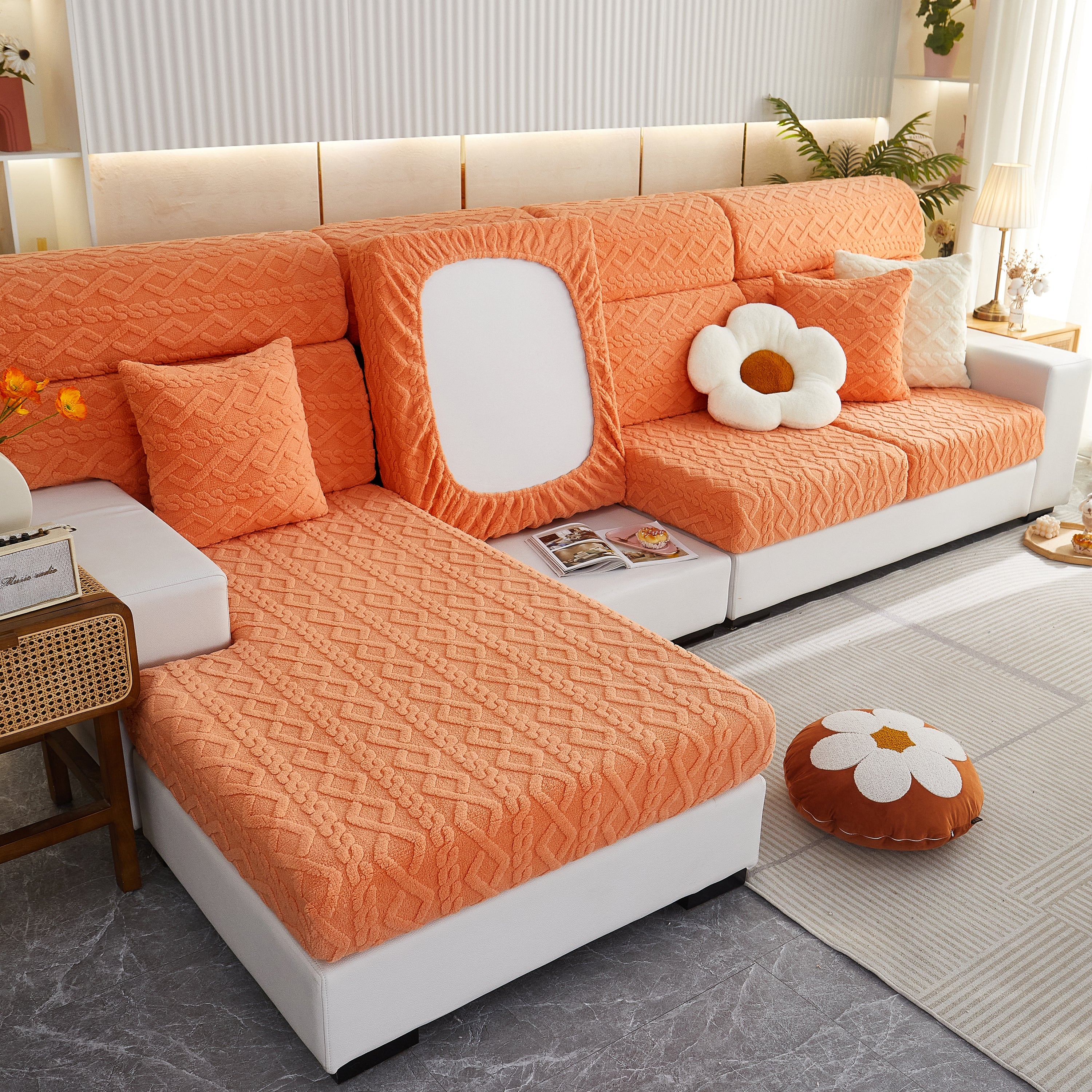 Stretchable Cotton Velvet Non-slip Furniture Covers Couch Cushion Covers For L-shaped Sofa, Pets