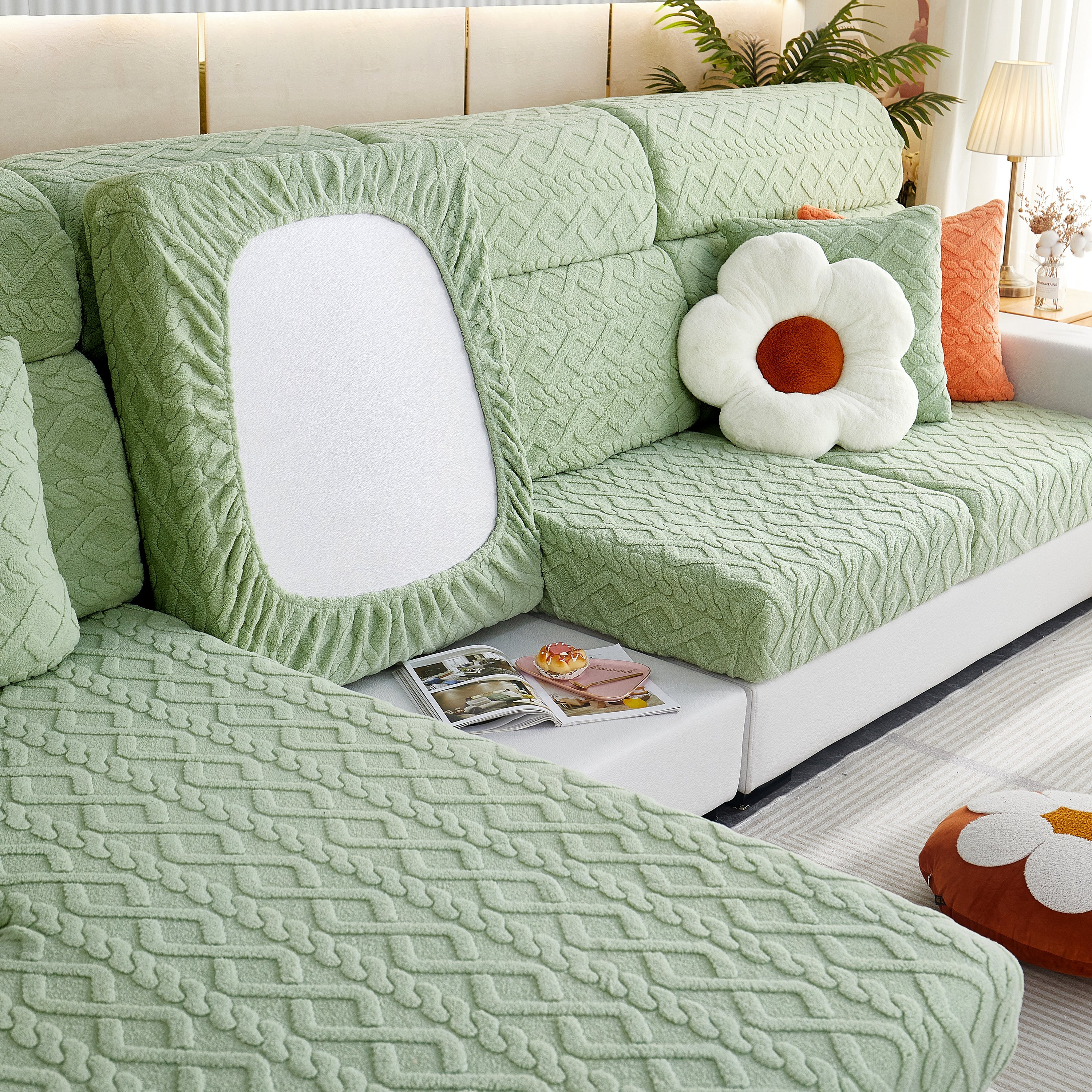 Stretchable Cotton Velvet Non-slip Furniture Covers Couch Cushion Covers For L-shaped Sofa, Pets