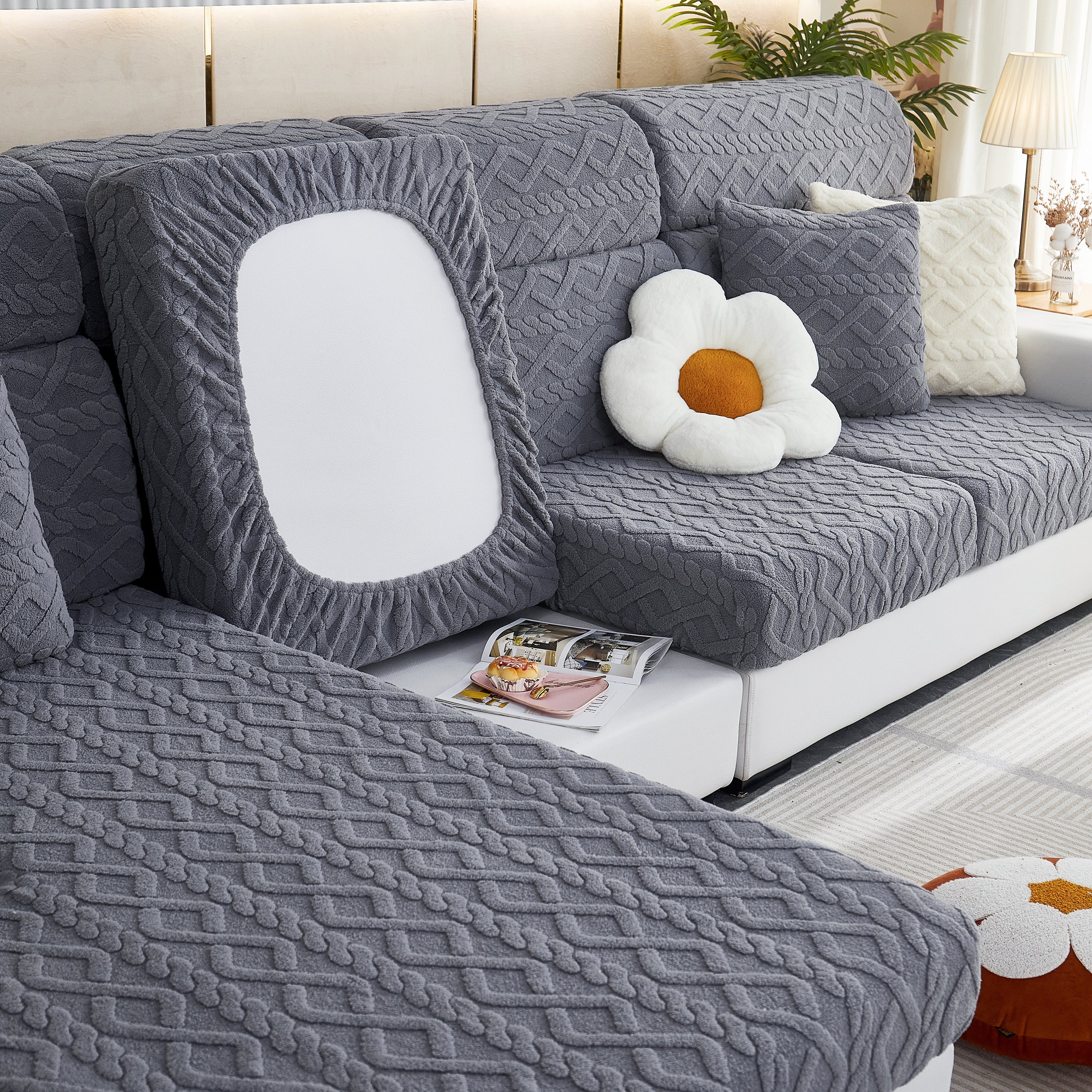 Stretchable Cotton Velvet Non-slip Furniture Covers Couch Cushion Covers For L-shaped Sofa, Pets
