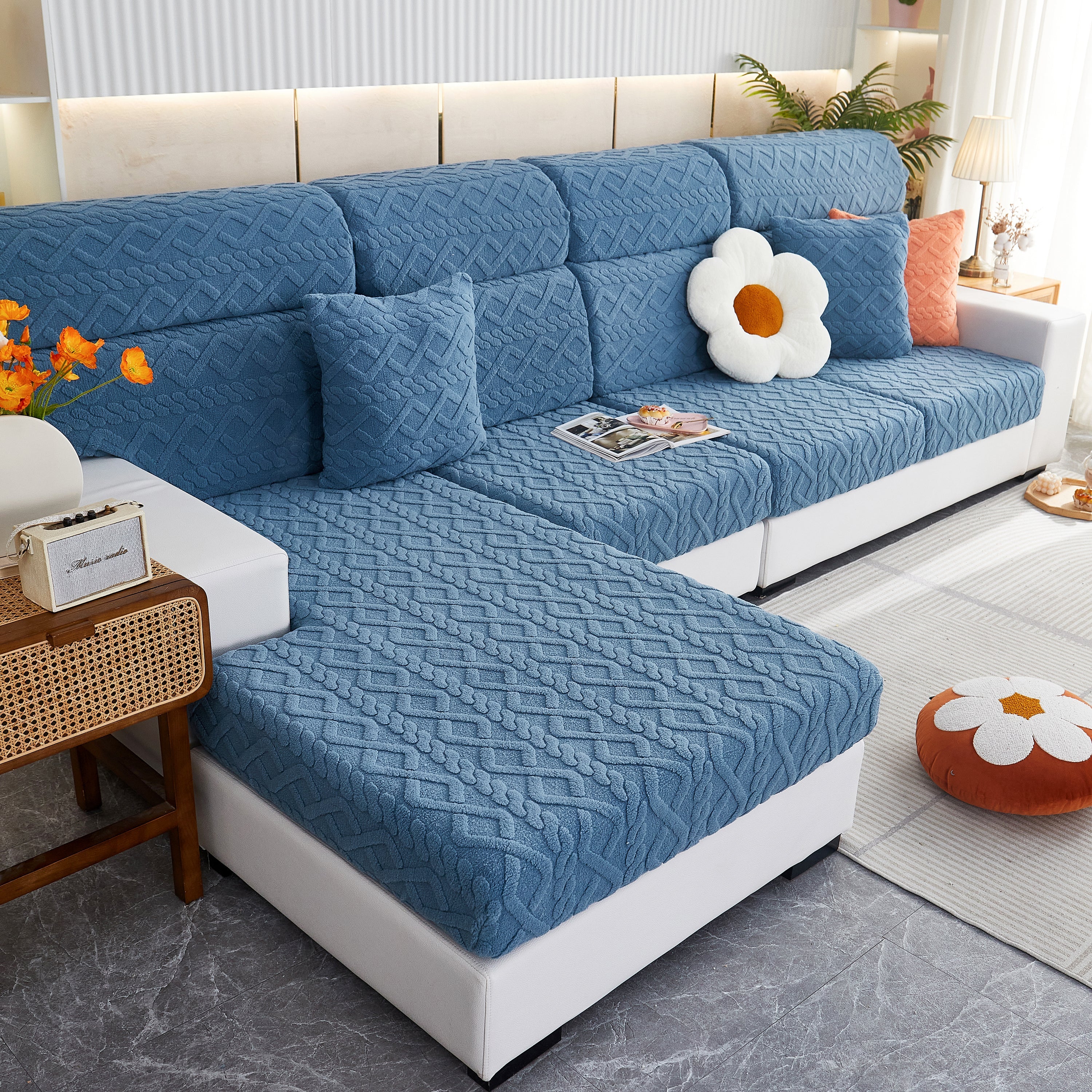 Stretchable Cotton Velvet Non-slip Furniture Covers Couch Cushion Covers For L-shaped Sofa, Pets