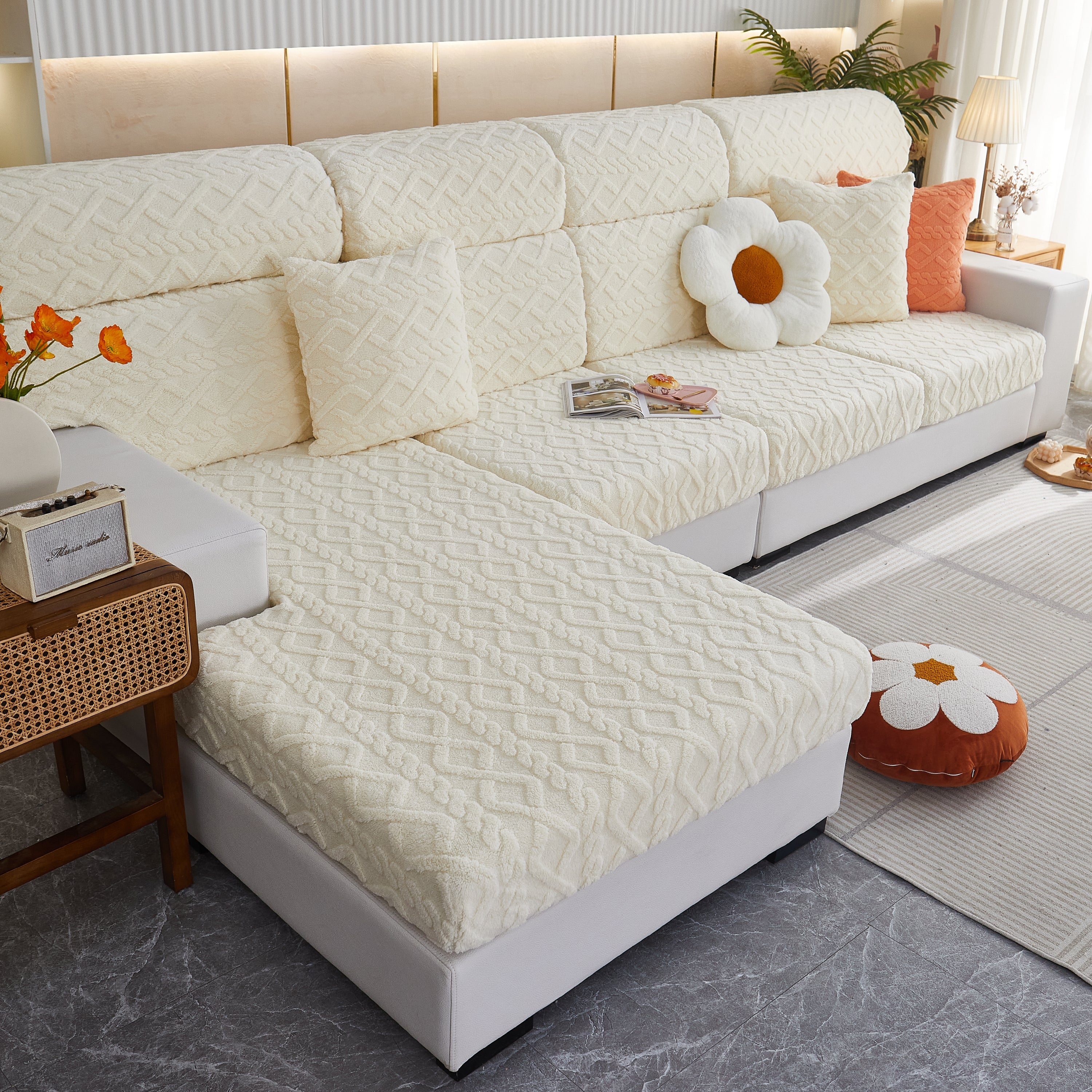 Stretchable Cotton Velvet Non-slip Furniture Covers Couch Cushion Covers For L-shaped Sofa, Pets