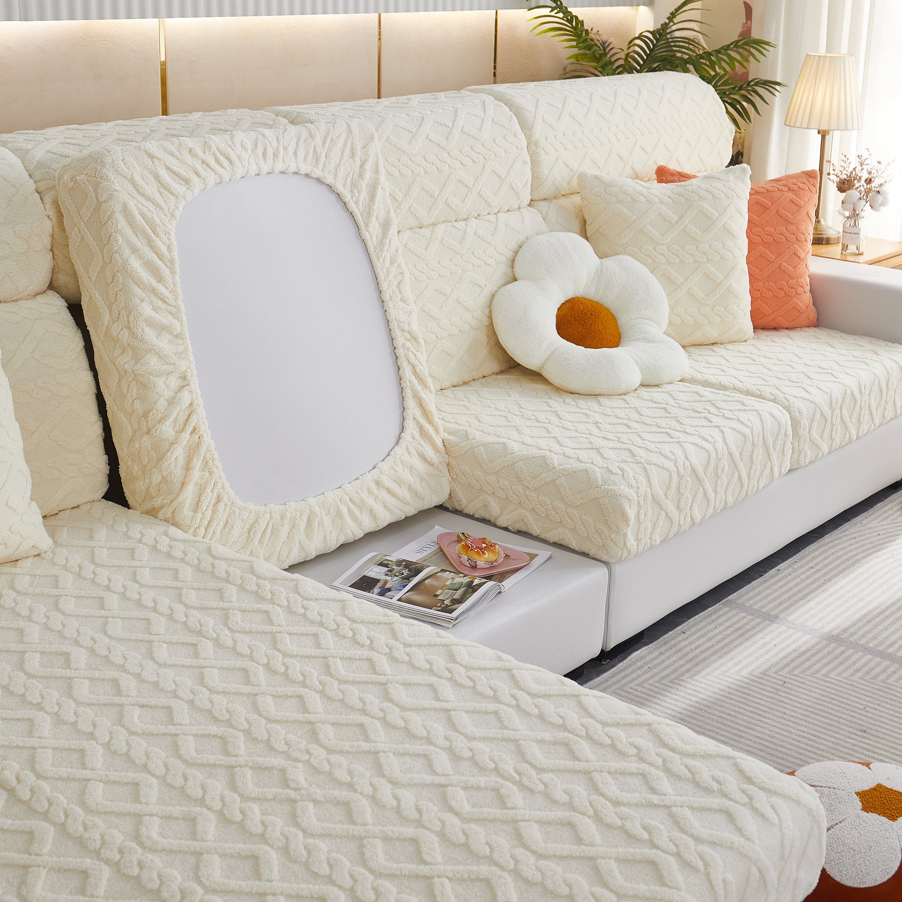 Stretchable Cotton Velvet Non-slip Furniture Covers Couch Cushion Covers For L-shaped Sofa, Pets
