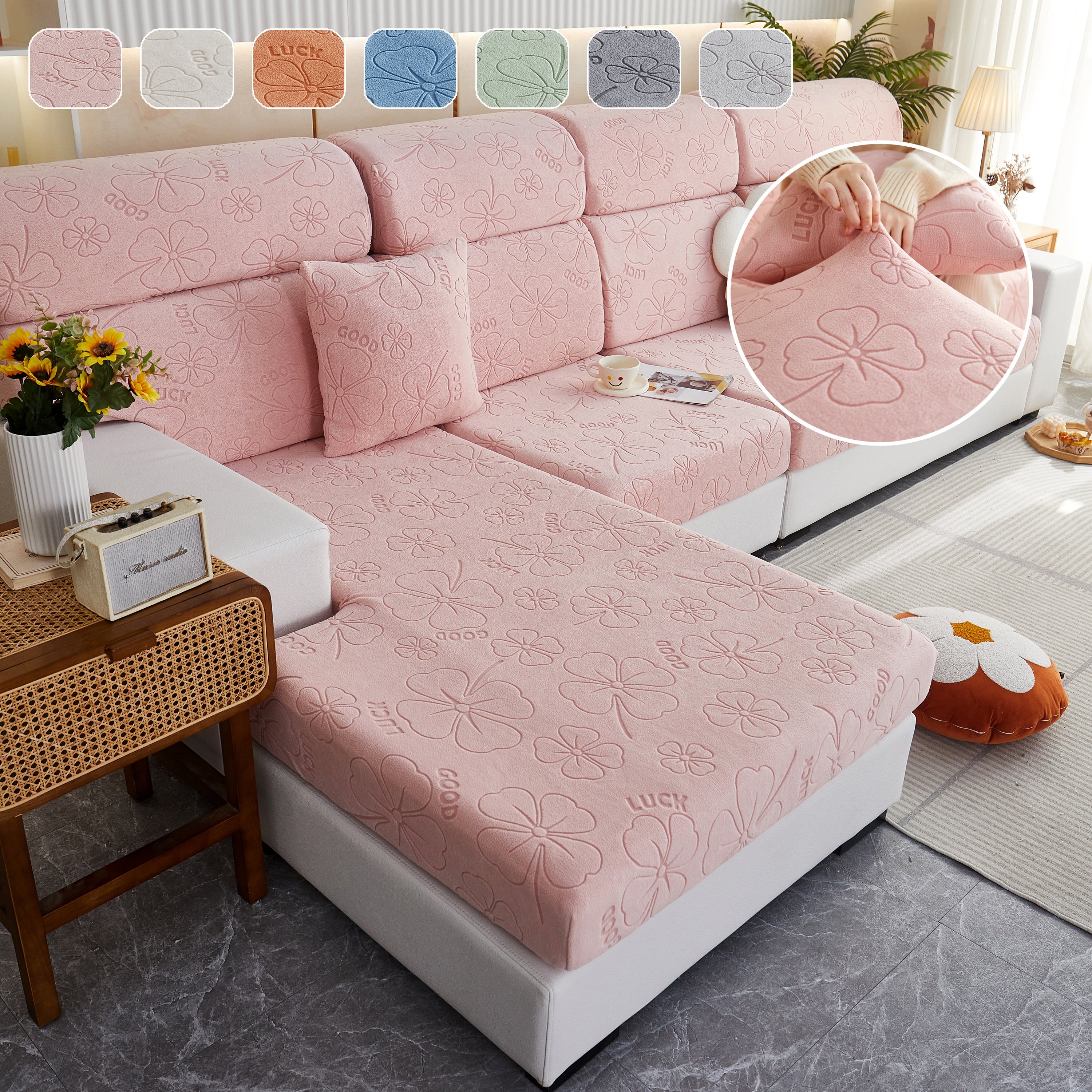 Lucky Clover Slipcover Non-slip Stretch Jacquard Polar Fleece Sofa Cover For Pets, Cushions, Couches