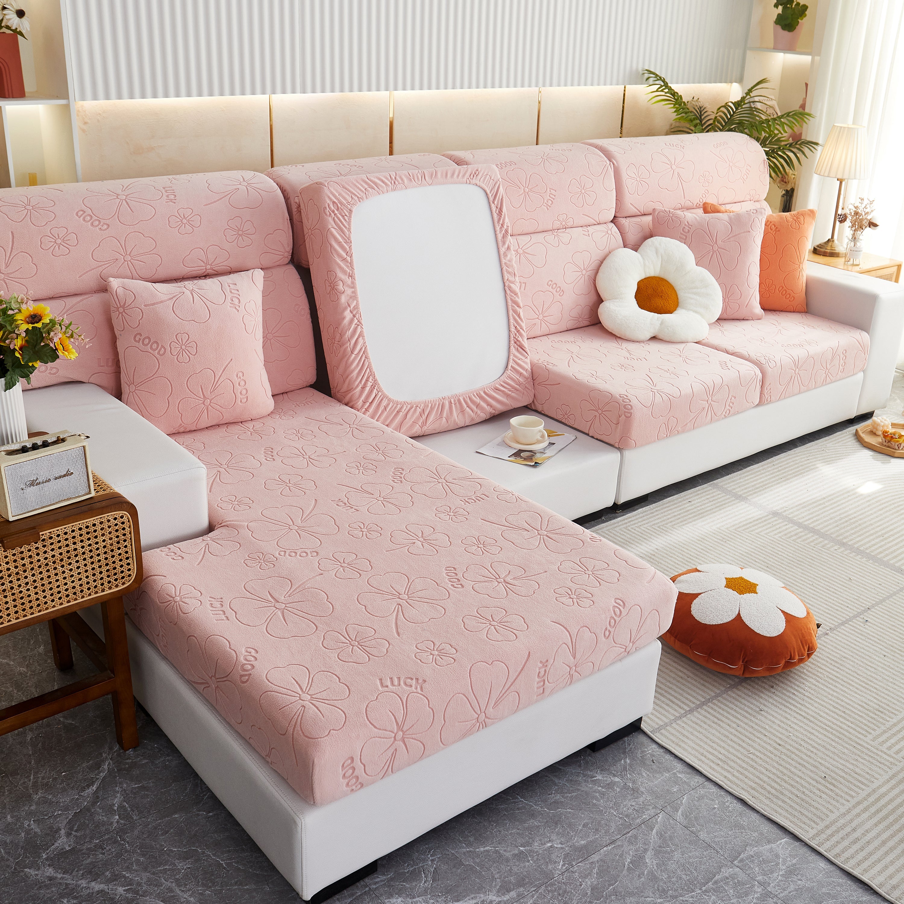 Lucky Clover Slipcover Non-slip Stretch Jacquard Polar Fleece Sofa Cover For Pets, Cushions, Couches