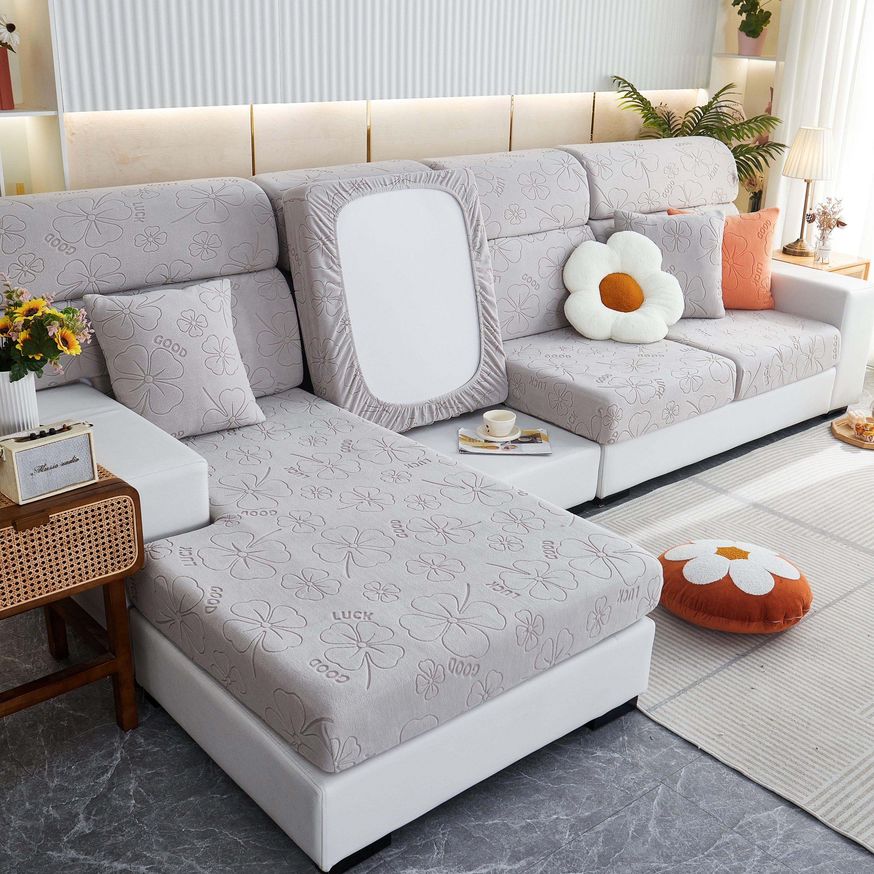Lucky Clover Slipcover Non-slip Stretch Jacquard Polar Fleece Sofa Cover For Pets, Cushions, Couches