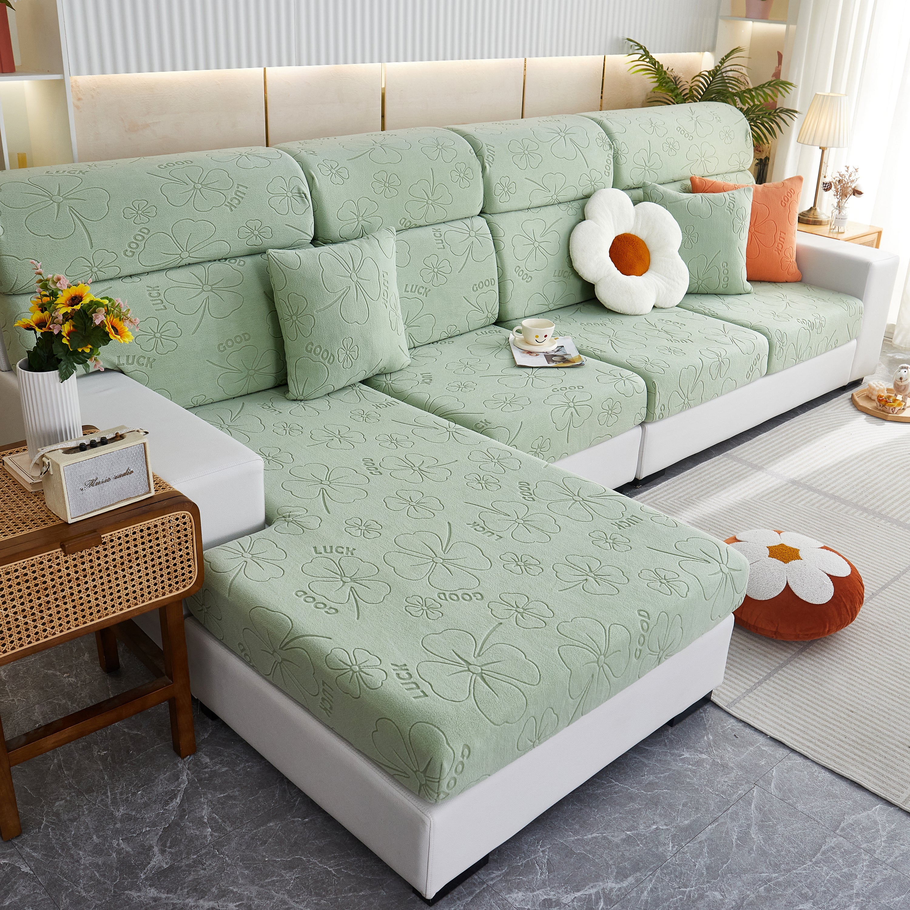 Lucky Clover Slipcover Non-slip Stretch Jacquard Polar Fleece Sofa Cover For Pets, Cushions, Couches