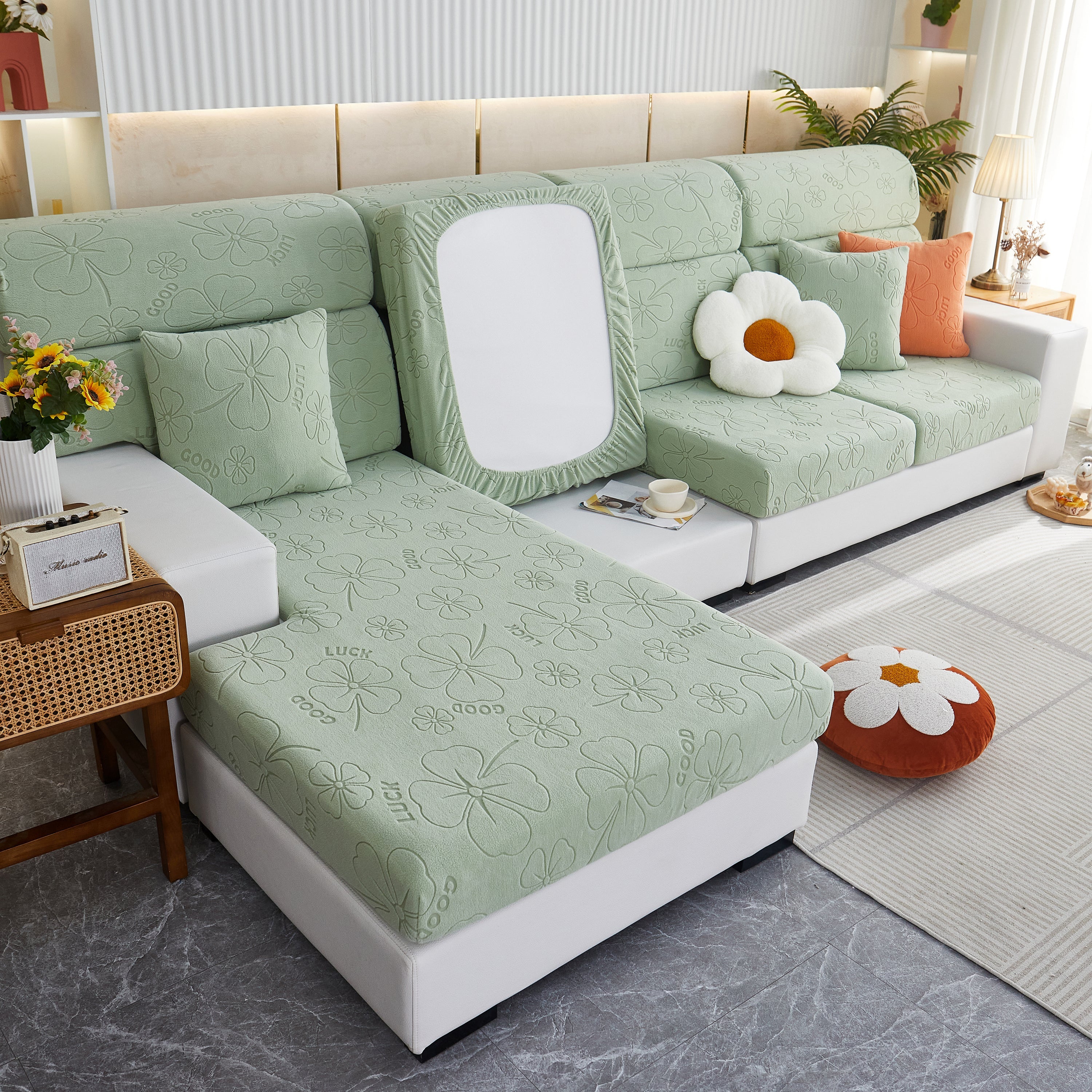 Lucky Clover Slipcover Non-slip Stretch Jacquard Polar Fleece Sofa Cover For Pets, Cushions, Couches