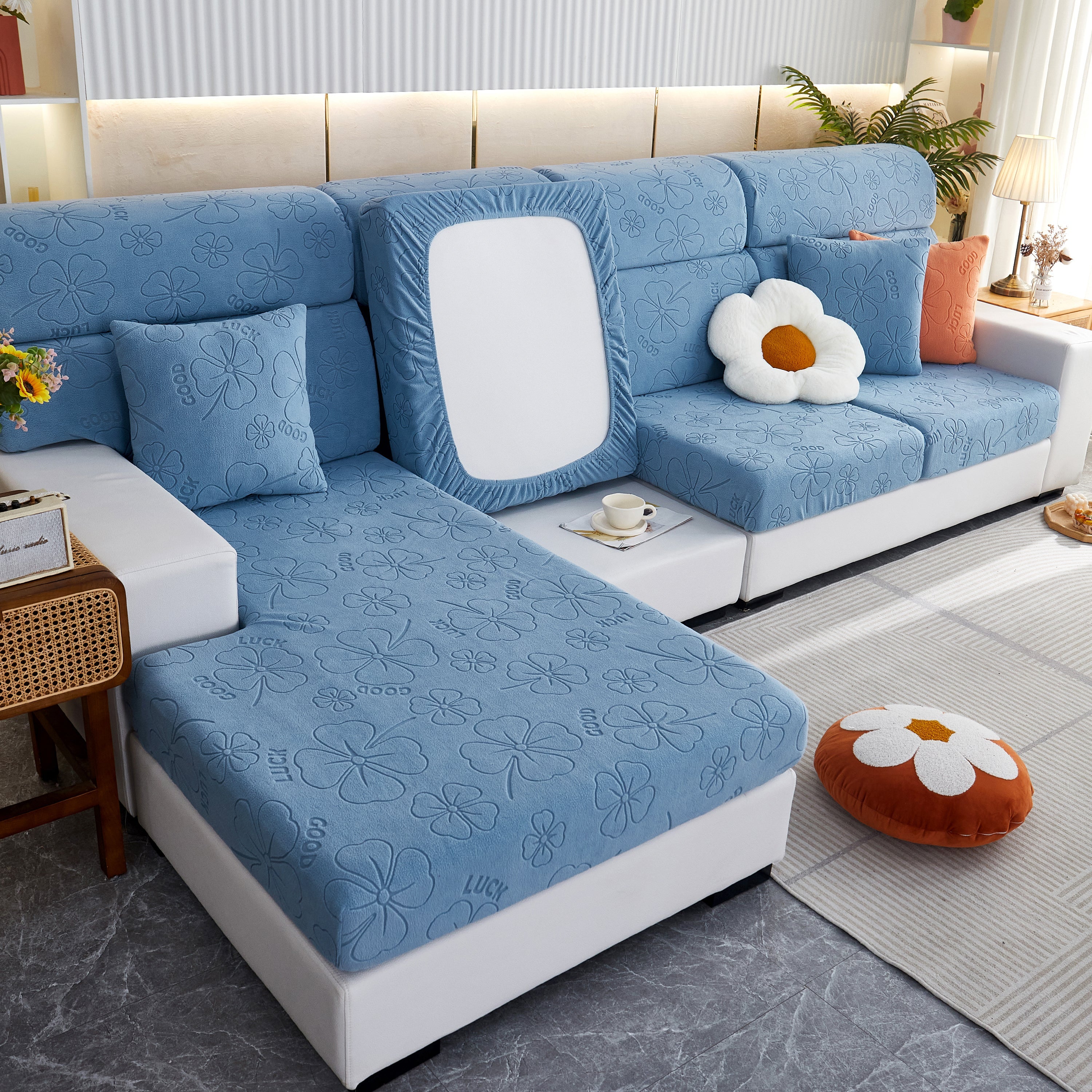 Lucky Clover Slipcover Non-slip Stretch Jacquard Polar Fleece Sofa Cover For Pets, Cushions, Couches