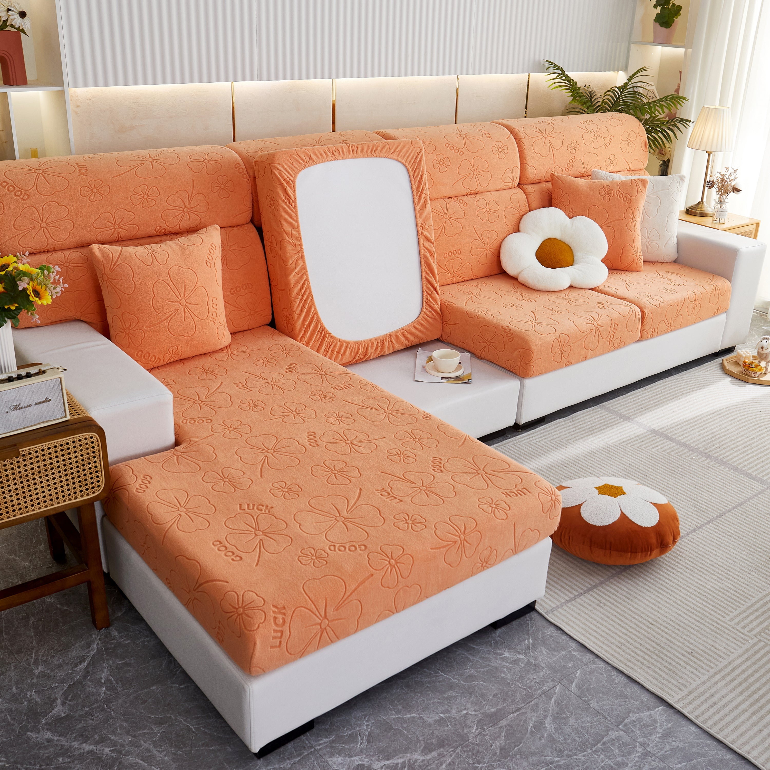 Lucky Clover Slipcover Non-slip Stretch Jacquard Polar Fleece Sofa Cover For Pets, Cushions, Couches