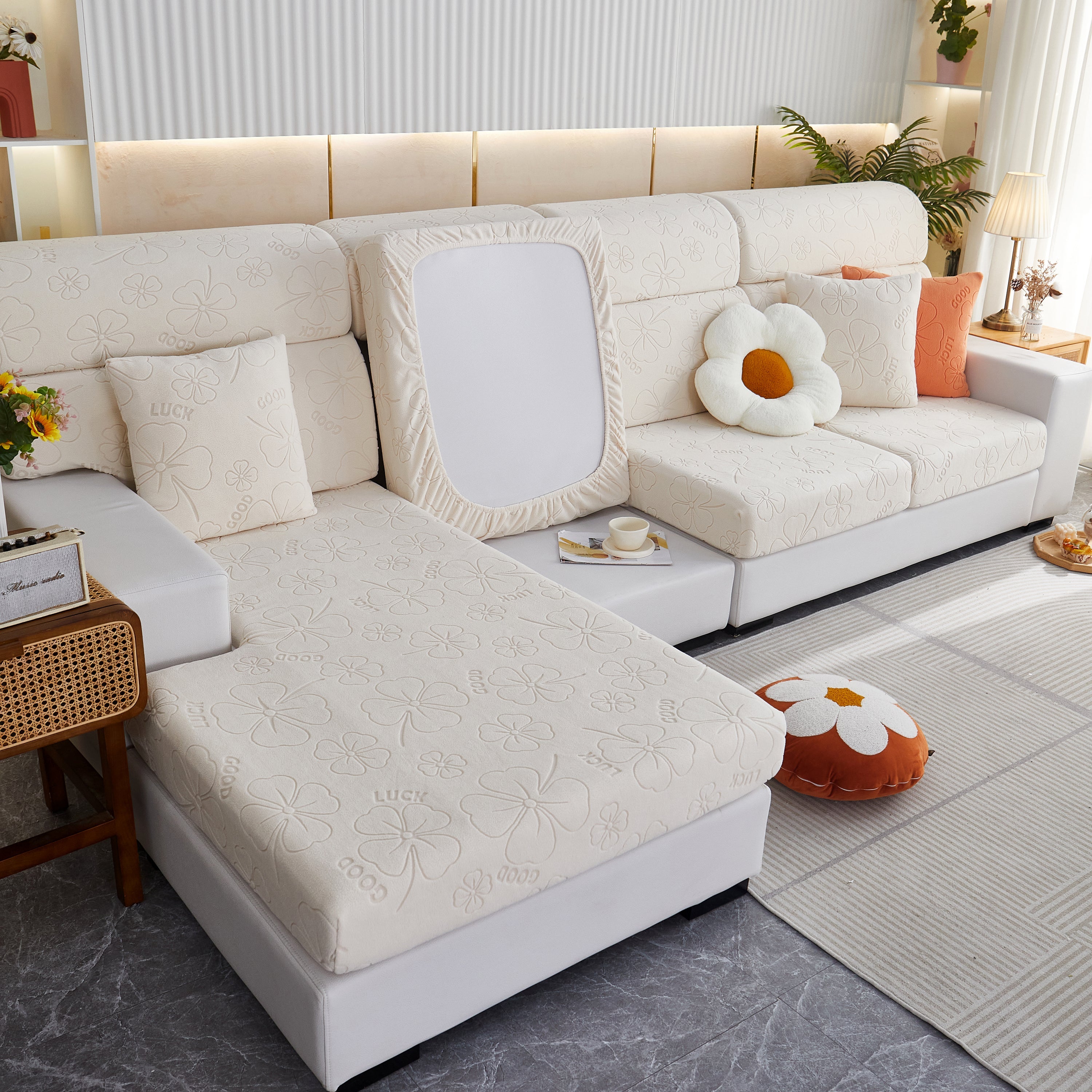 Lucky Clover Slipcover Non-slip Stretch Jacquard Polar Fleece Sofa Cover For Pets, Cushions, Couches