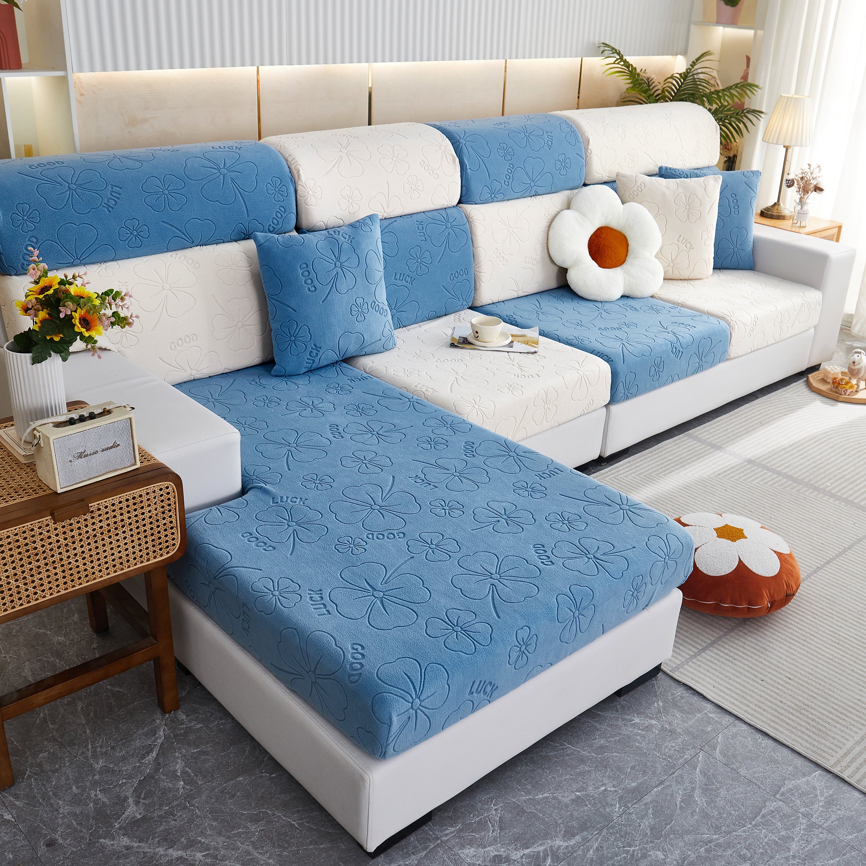 Lucky Clover Slipcover Non-slip Stretch Jacquard Polar Fleece Sofa Cover For Pets, Cushions, Couches