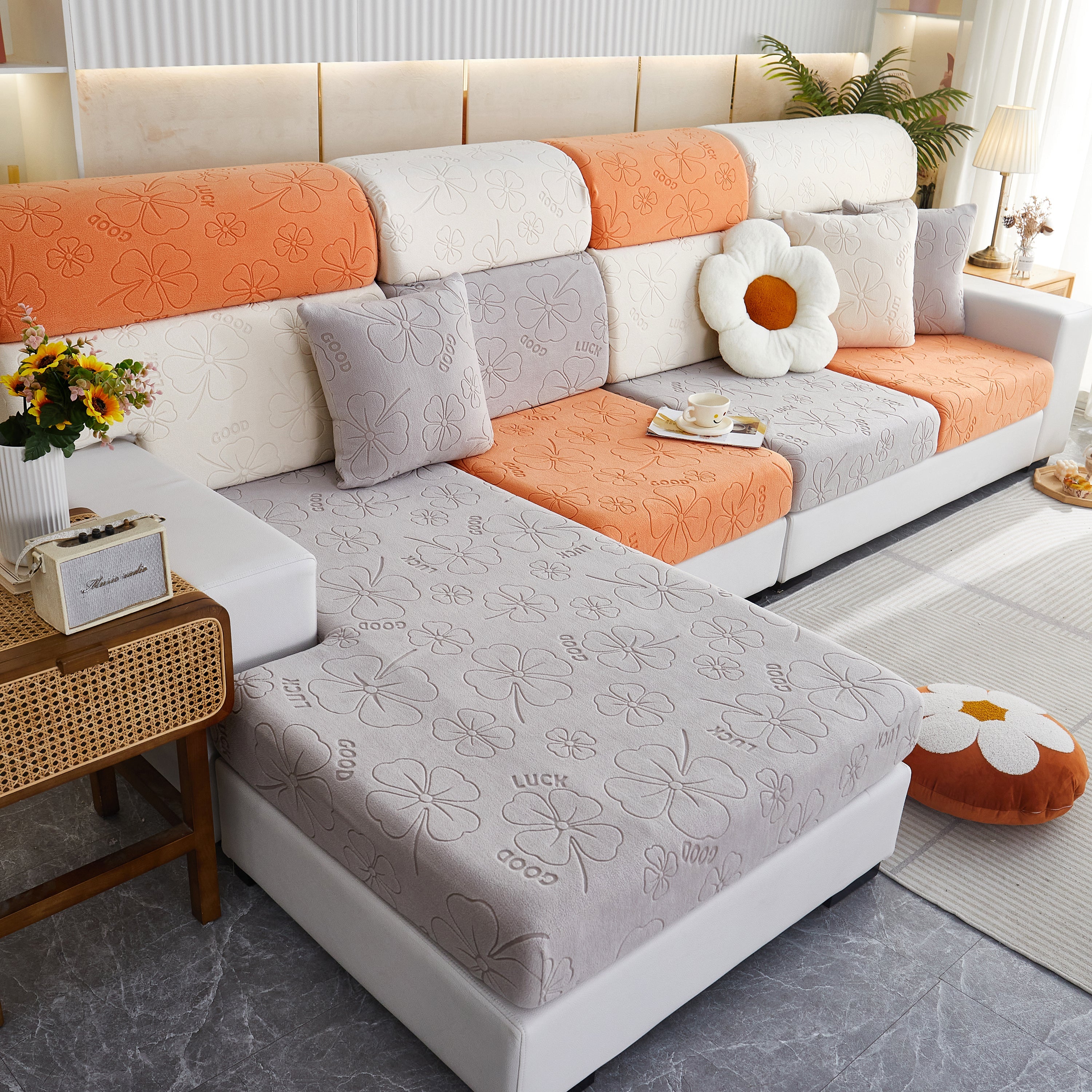 Lucky Clover Slipcover Non-slip Stretch Jacquard Polar Fleece Sofa Cover For Pets, Cushions, Couches