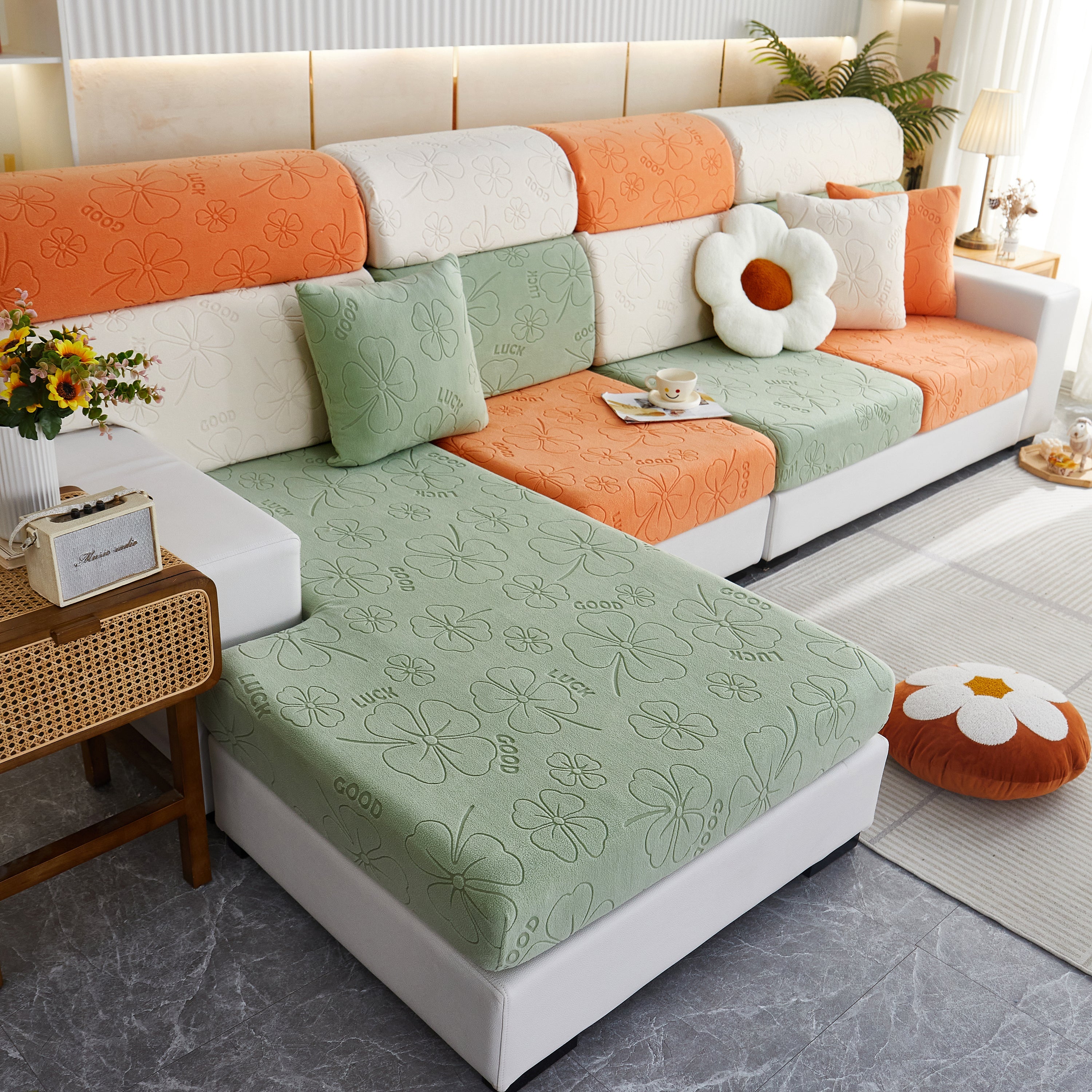 Lucky Clover Slipcover Non-slip Stretch Jacquard Polar Fleece Sofa Cover For Pets, Cushions, Couches