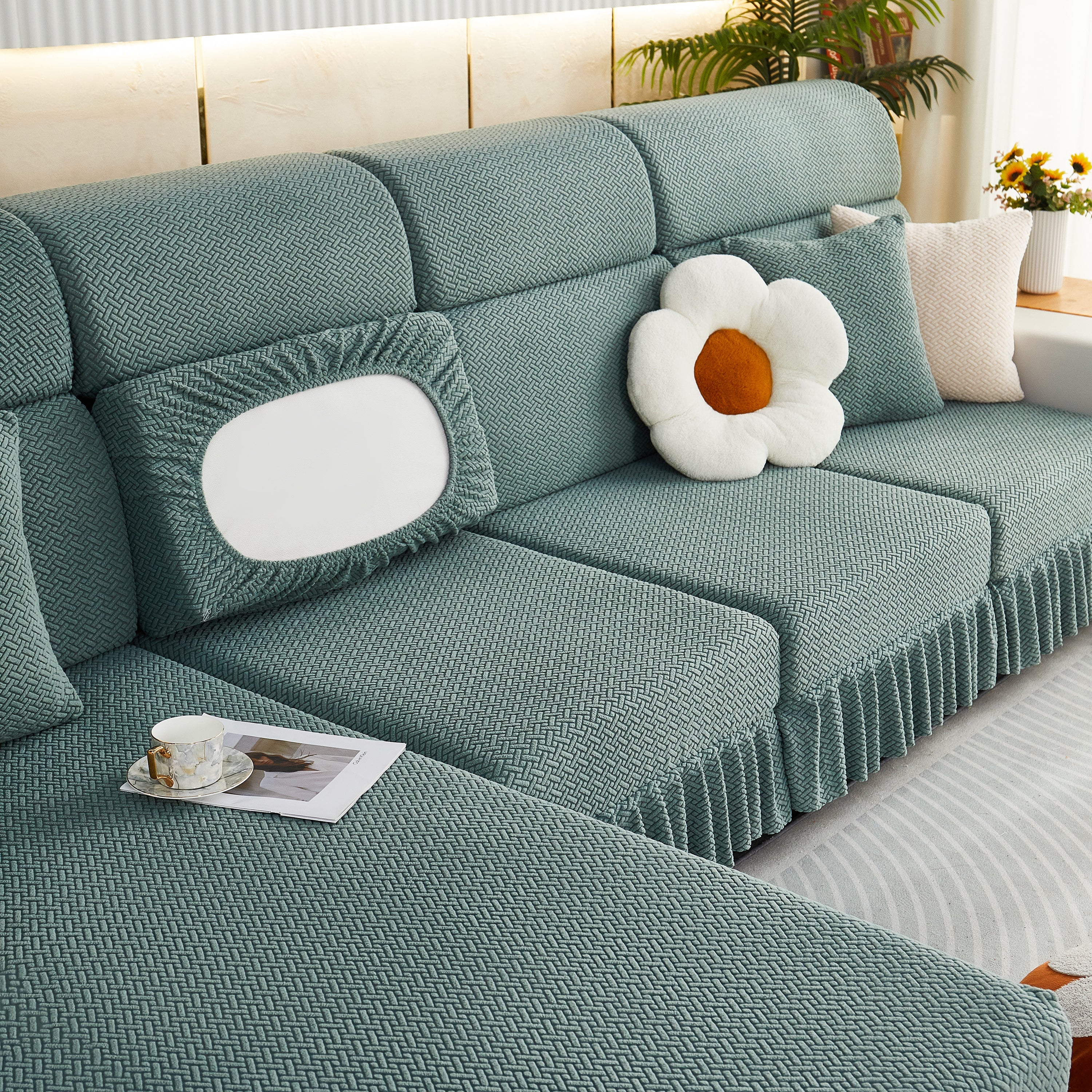 Tailored Sofa Cushion Covers Stretch Couch Seat Covers  With Skirt For Sectional Sofas