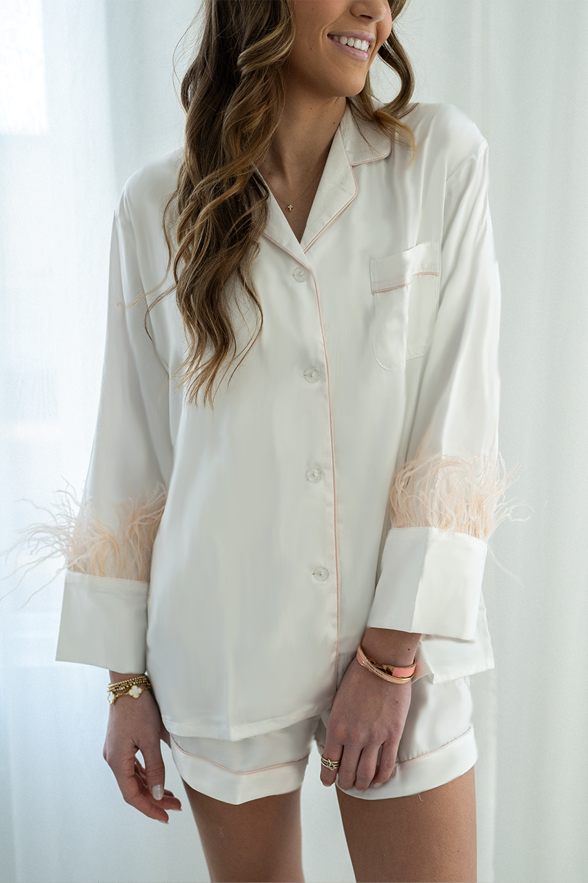 White With Blush Feathers Shorts Set