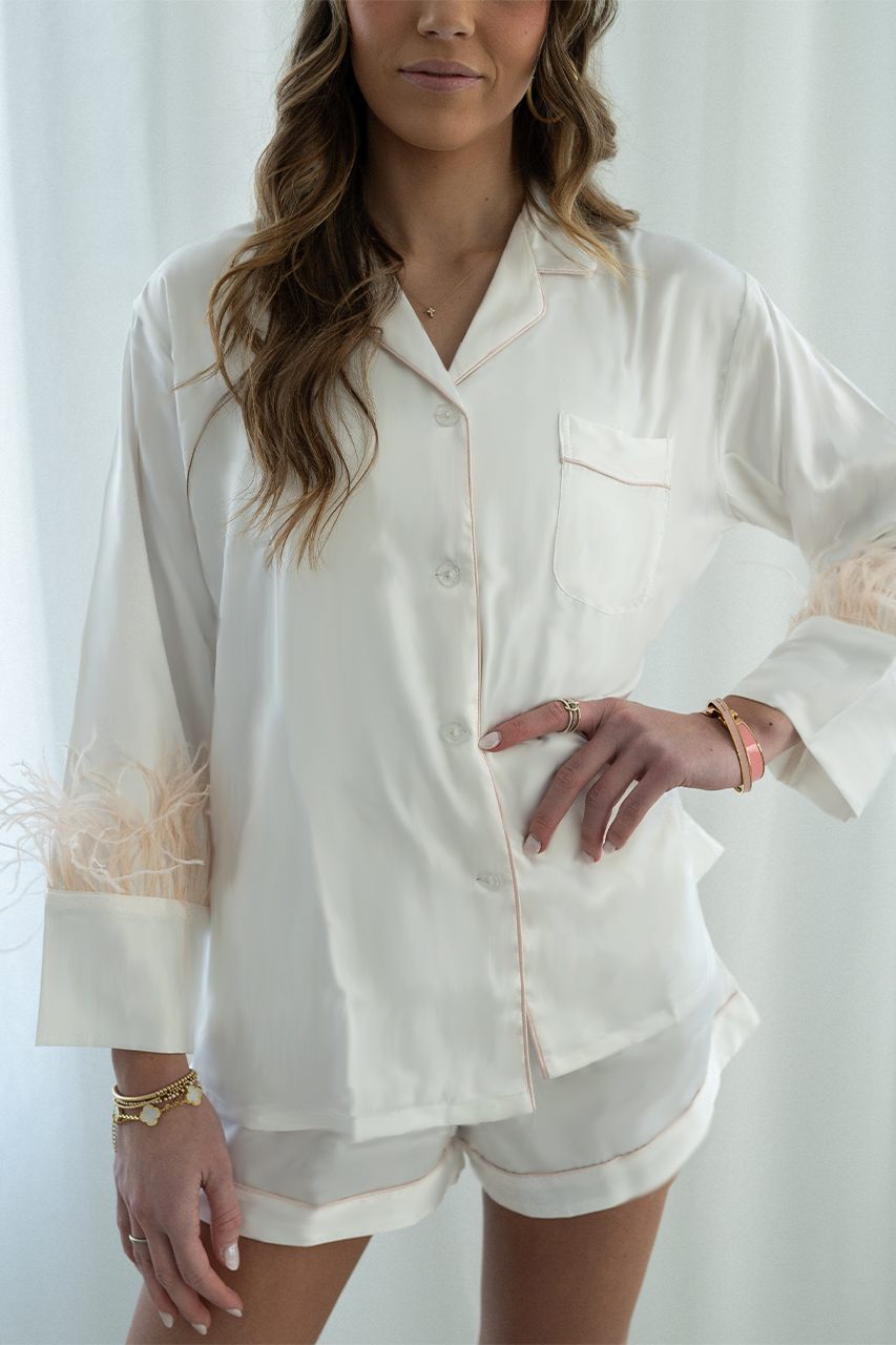 White With Blush Feathers Shorts Set