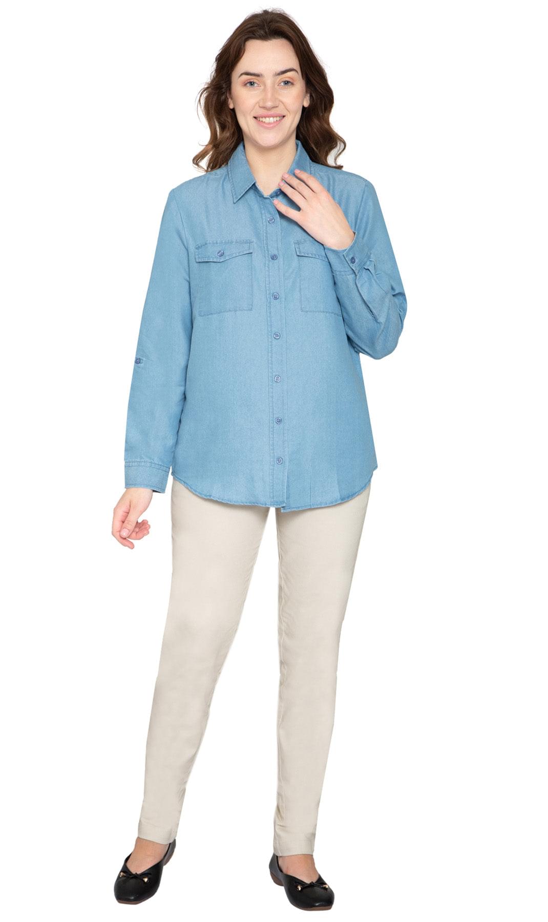 Women's Button Down Denim Shirt - Long Sleeve With Pocket Tops